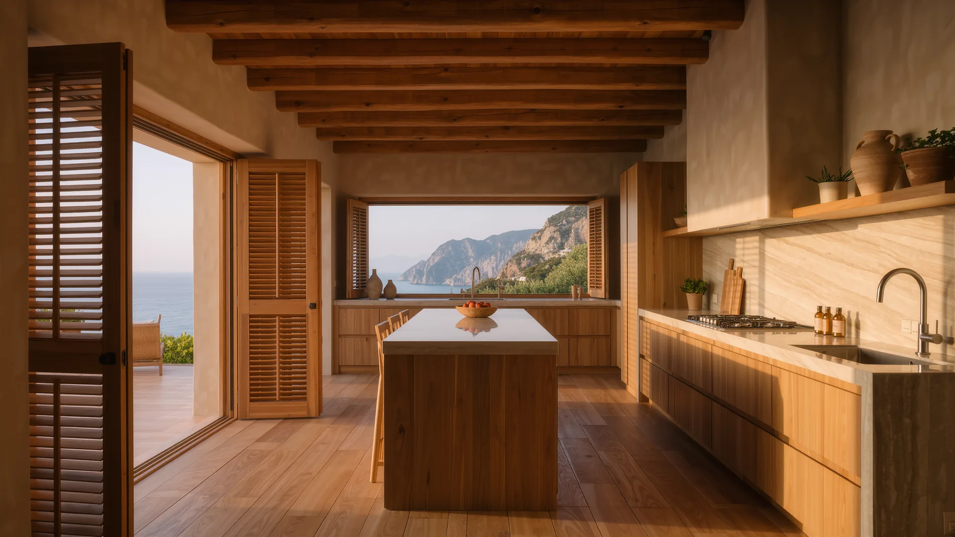 Cocina abierta en piedra de marés y madera clara con luz por las contraventanas