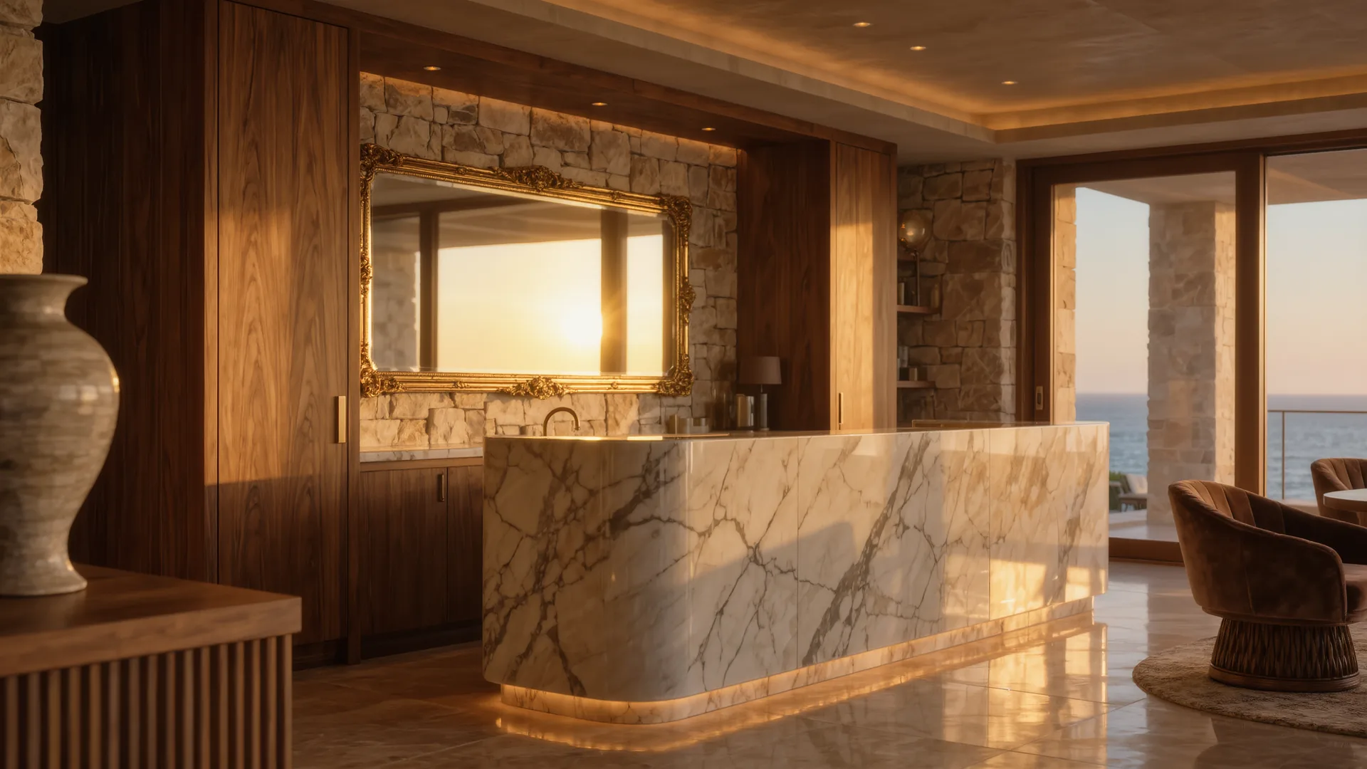 Interior elegante de peluquería con espejos de latón y encimera de mármol