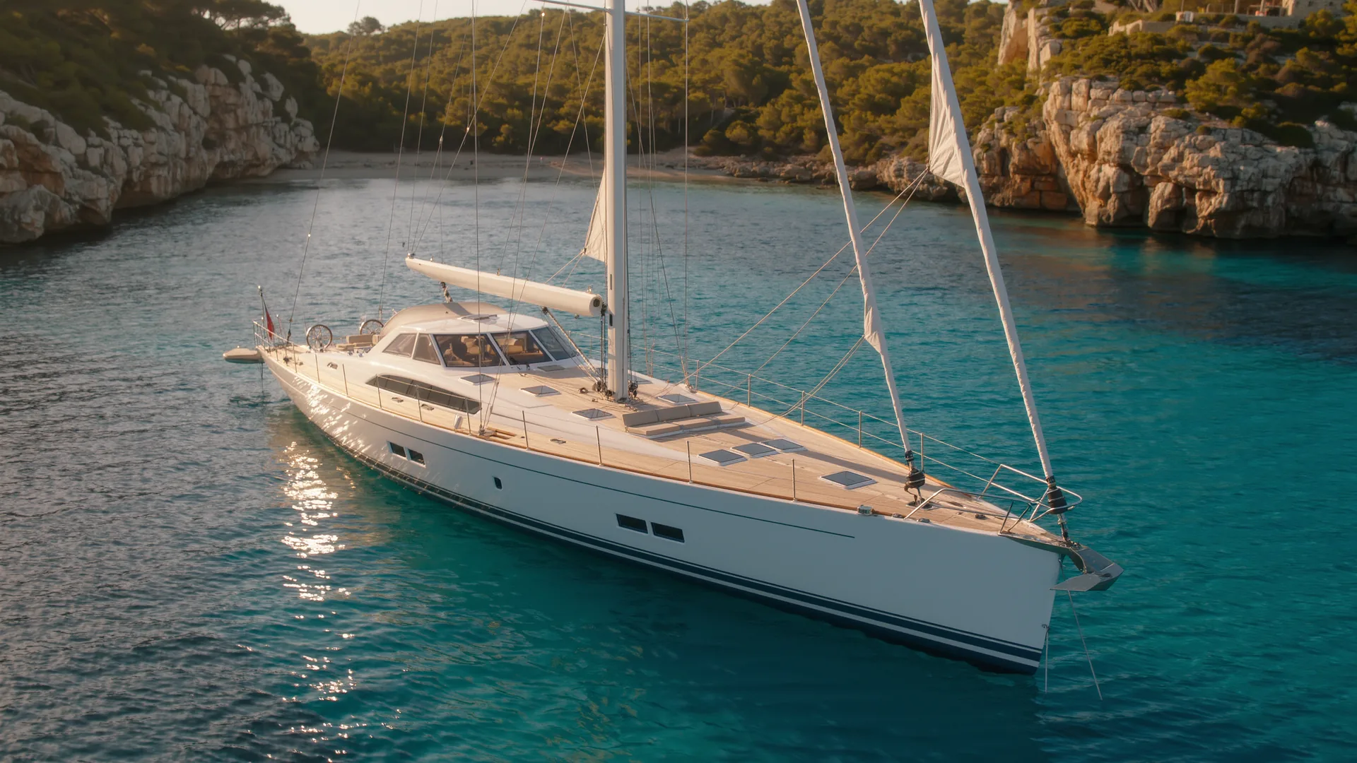 Velero fondeado en una cala turquesa de Mallorca al atardecer