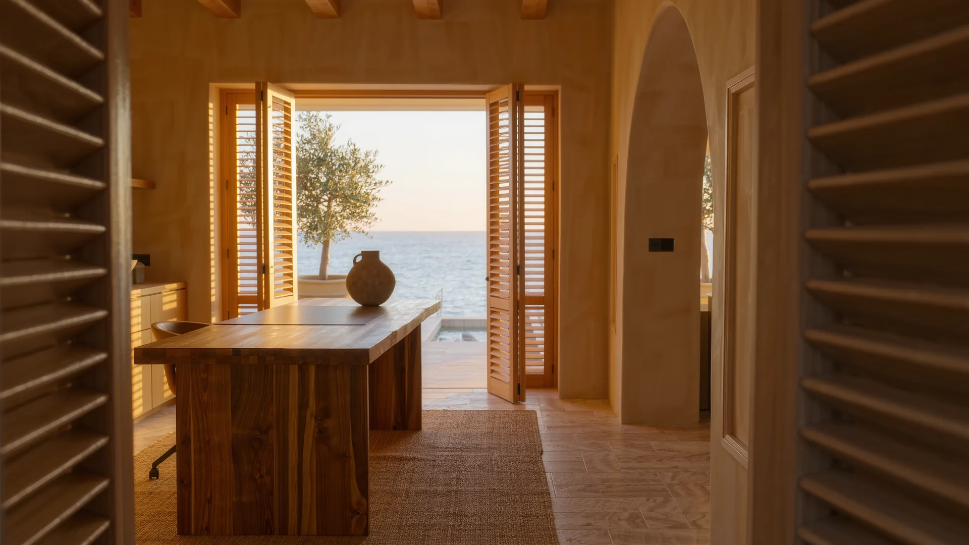 Consulta privada luminosa con escritorio de madera y contraventanas