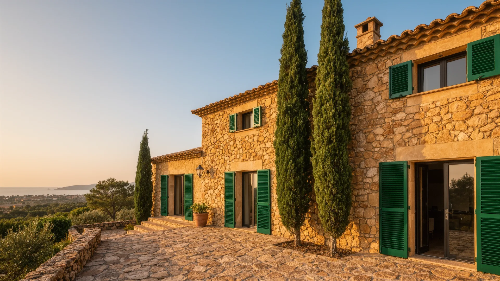 Finca mallorquina de piedra dorada con contraventanas verdes y cipreses al atardecer