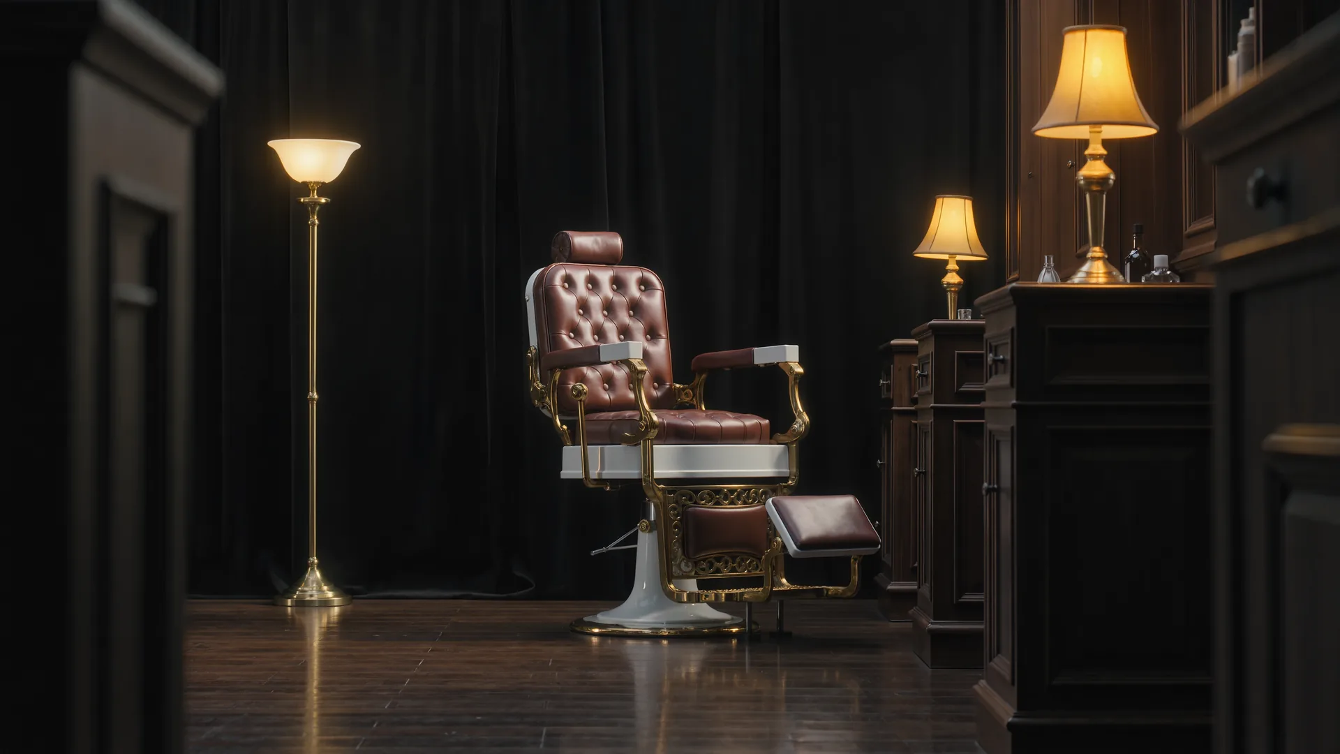 Interior clásico de barbería en madera oscura y latón con sillón de cuero