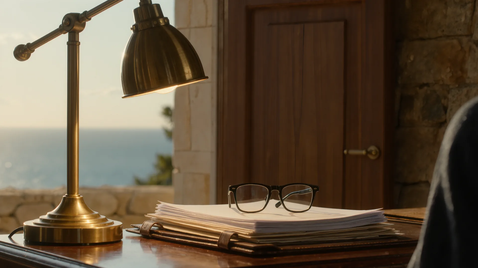 Documentos y gafas de lectura sobre un escritorio de madera oscura con lámpara cálida