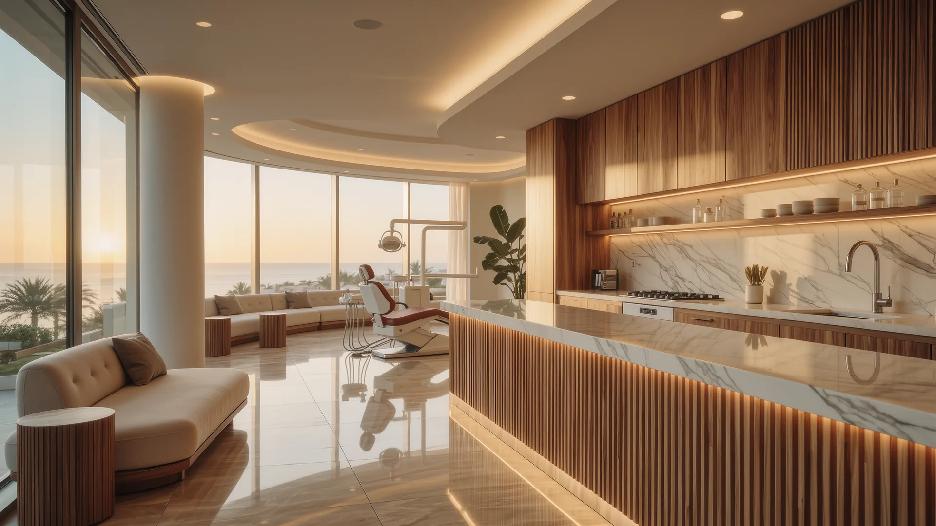 Interior de clínica dental moderna en blanco y madera con superficies impecables