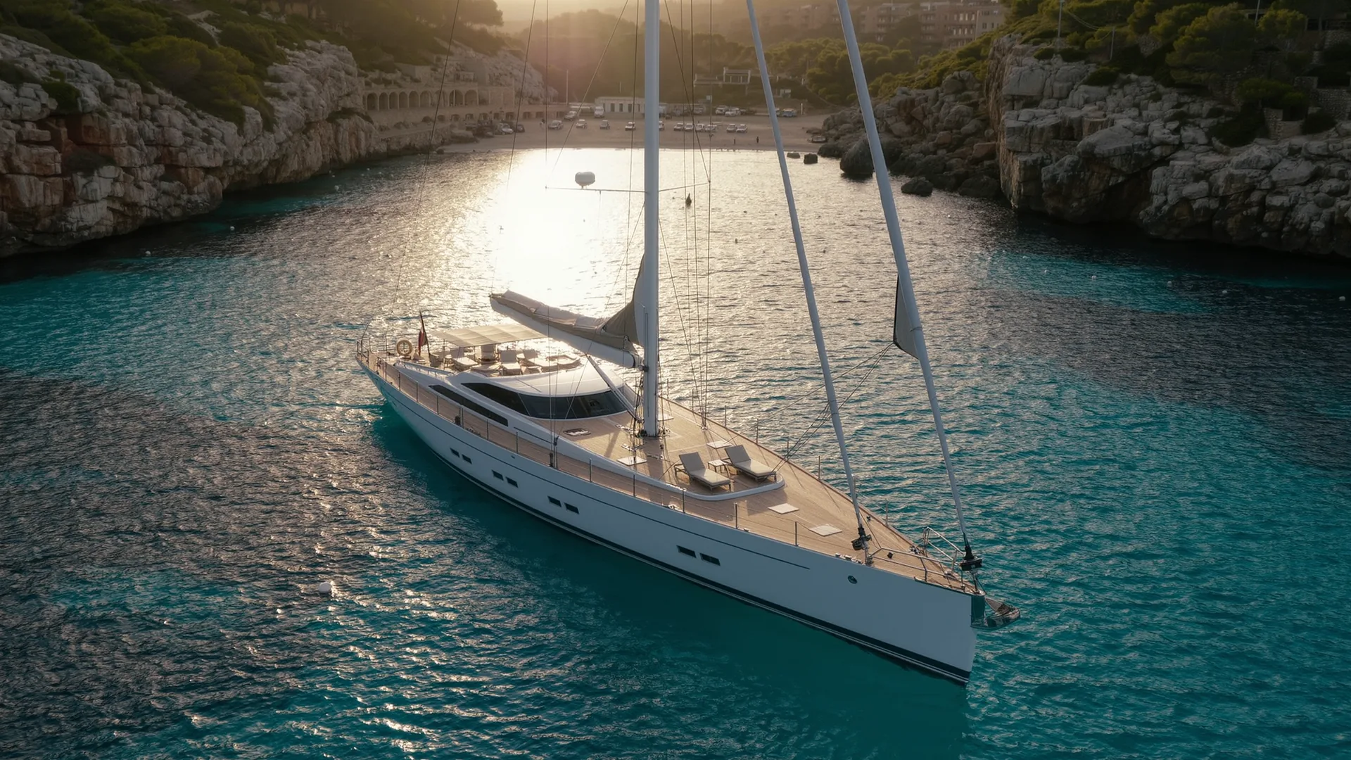 Velero fondeado en una cala turquesa de Mallorca al atardecer