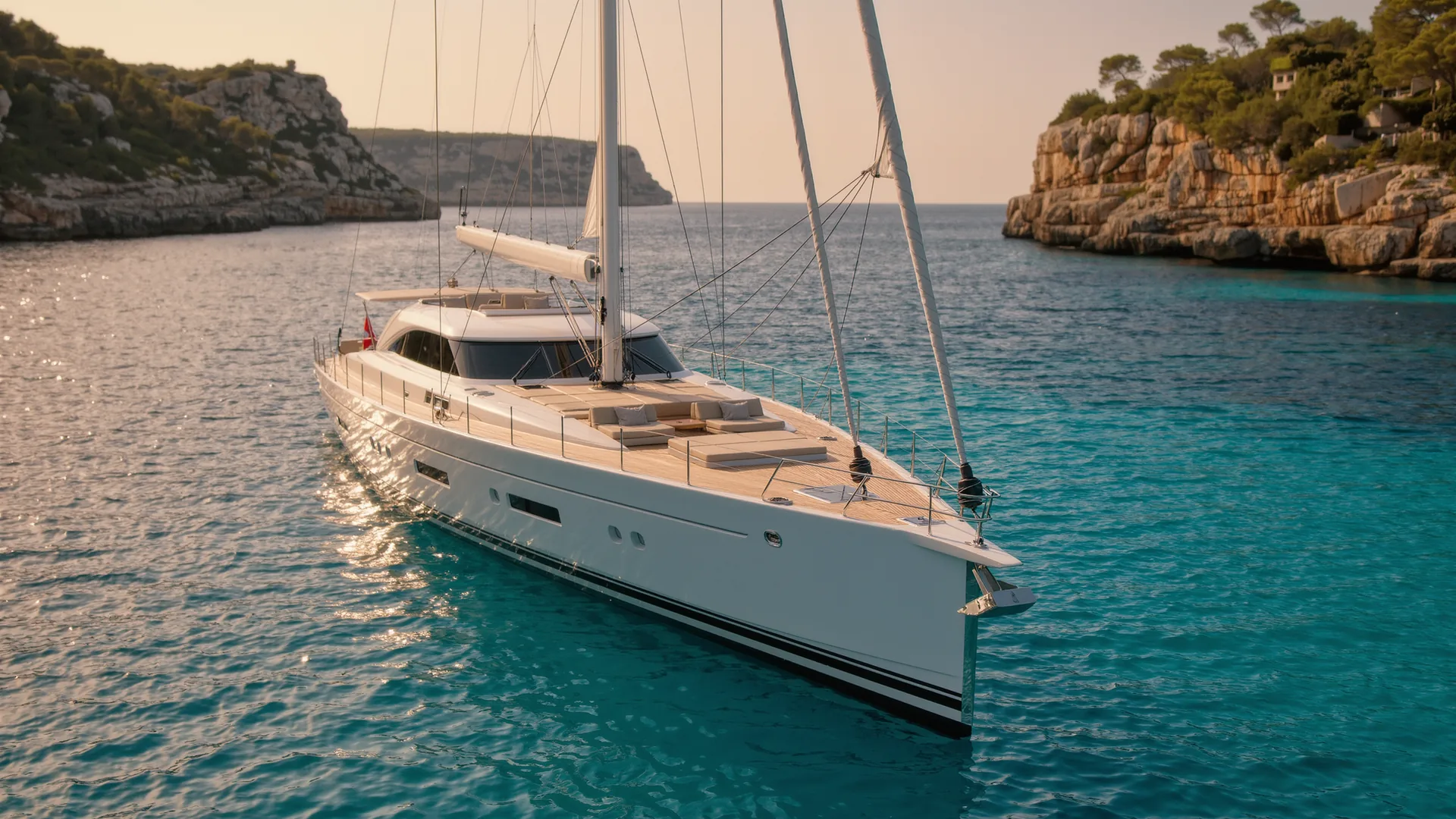 Velero fondeado en una cala turquesa de Mallorca al atardecer