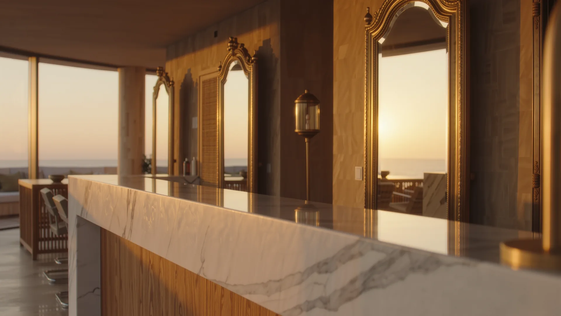 Interior elegante de peluquería con espejos de latón y encimera de mármol