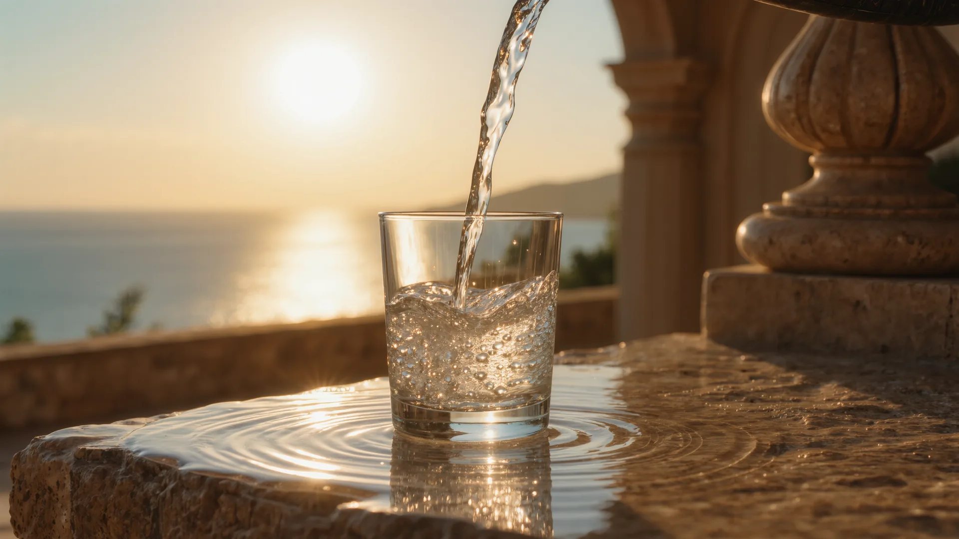 Agua clara cayendo en un vaso sobre una superficie de piedra a contraluz