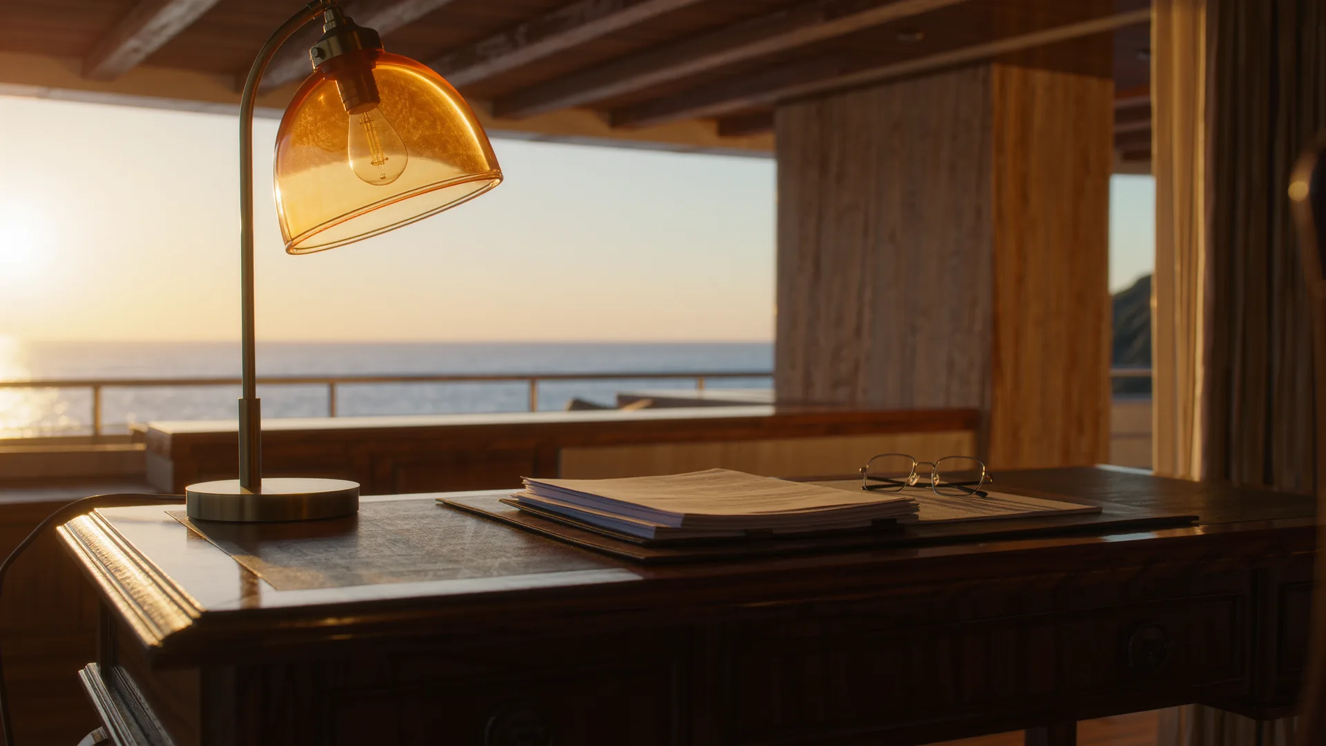 Documentos y gafas de lectura sobre un escritorio de madera oscura con lámpara cálida