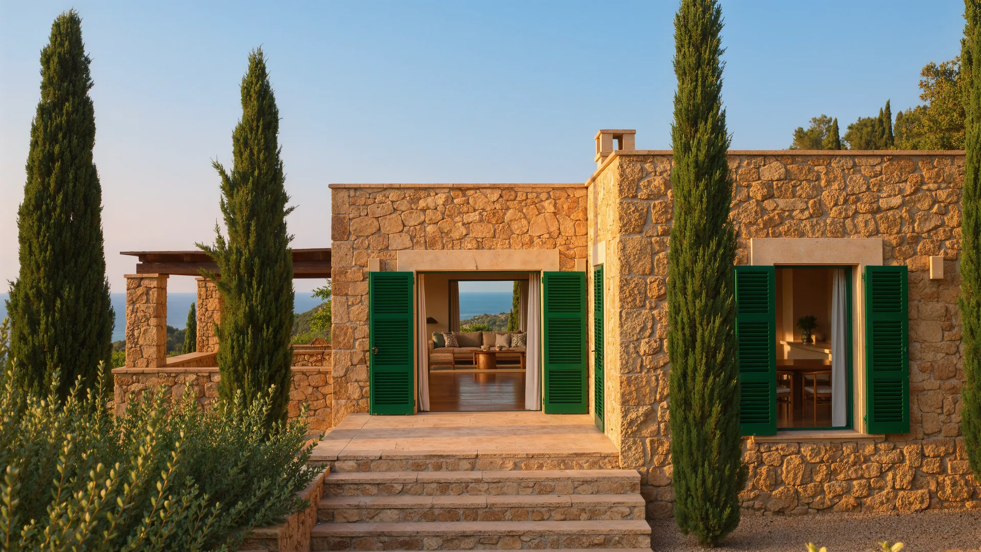 Finca mallorquina de piedra dorada con contraventanas verdes y cipreses al atardecer