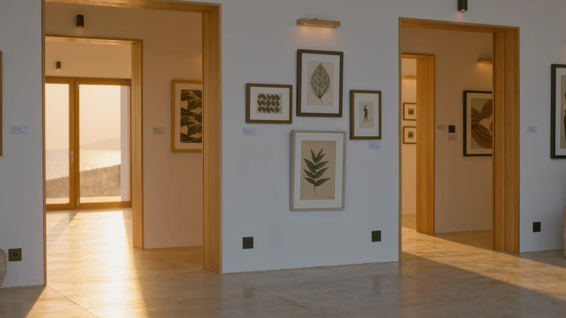 Sala de galería blanca con obras enmarcadas y suelo de hormigón pulido