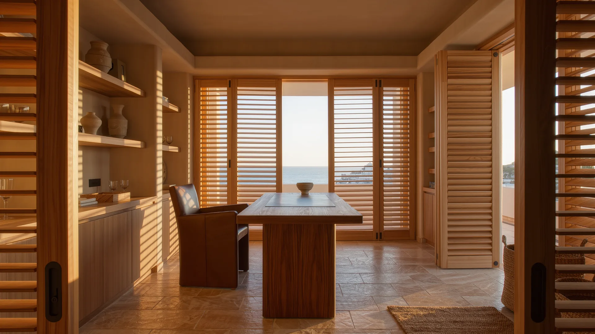 Consulta privada luminosa con escritorio de madera y contraventanas