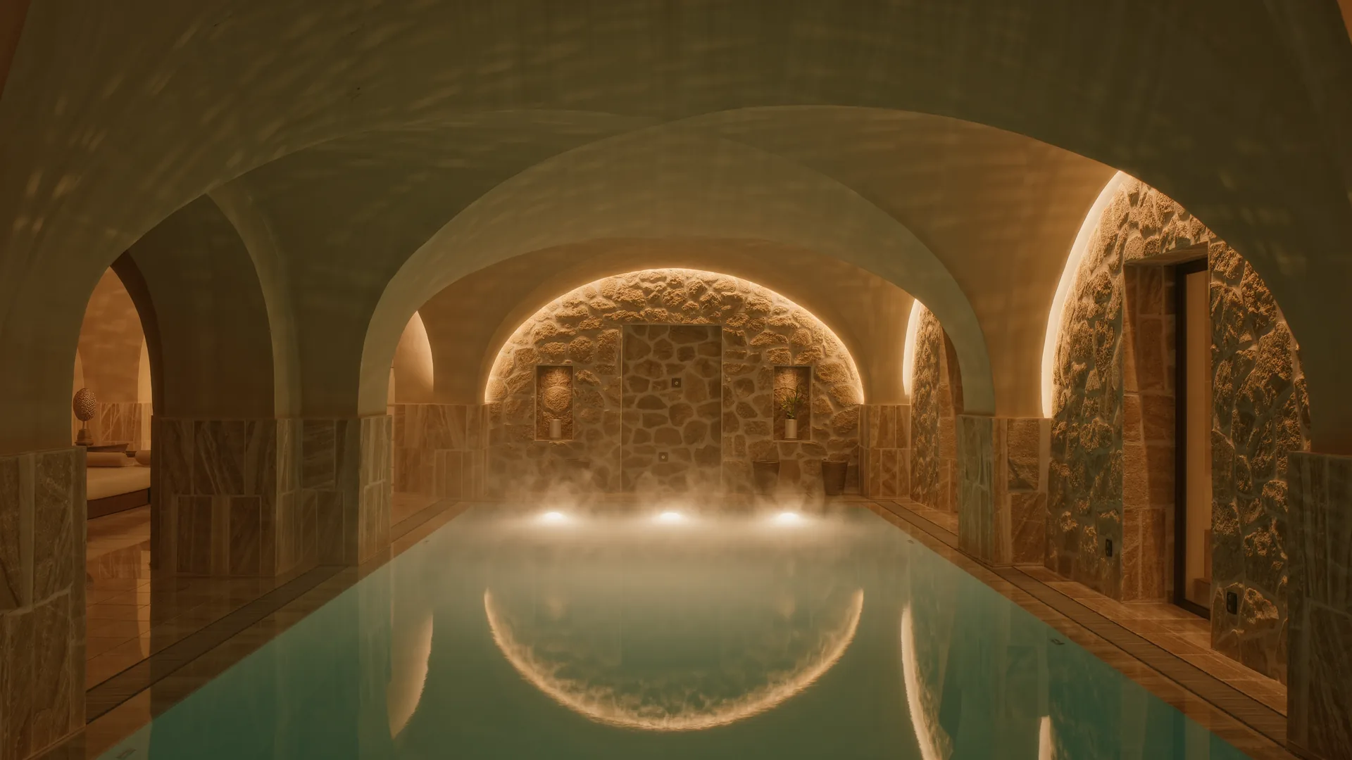 Piscina de spa iluminada desde el fondo en una sala abovedada de piedra