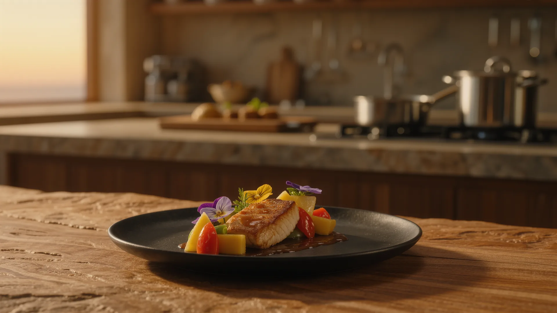 Plato de alta cocina emplatado en cerámica oscura con el pase de cocina al fondo