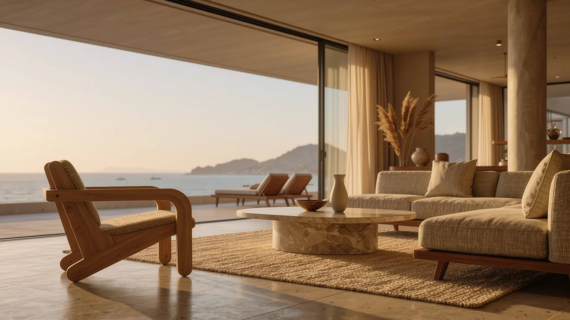 Showroom de mobiliario de diseño en tonos naturales con techo alto