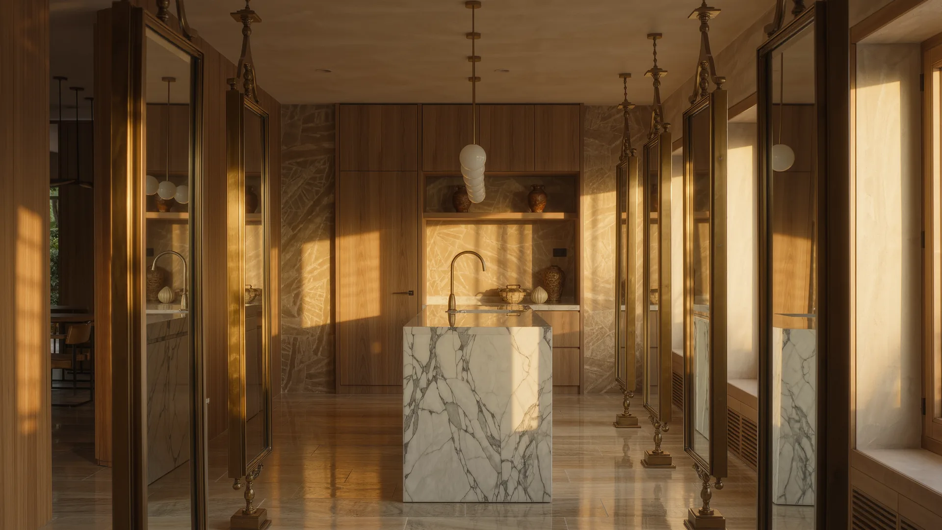 Interior elegante de peluquería con espejos de latón y encimera de mármol