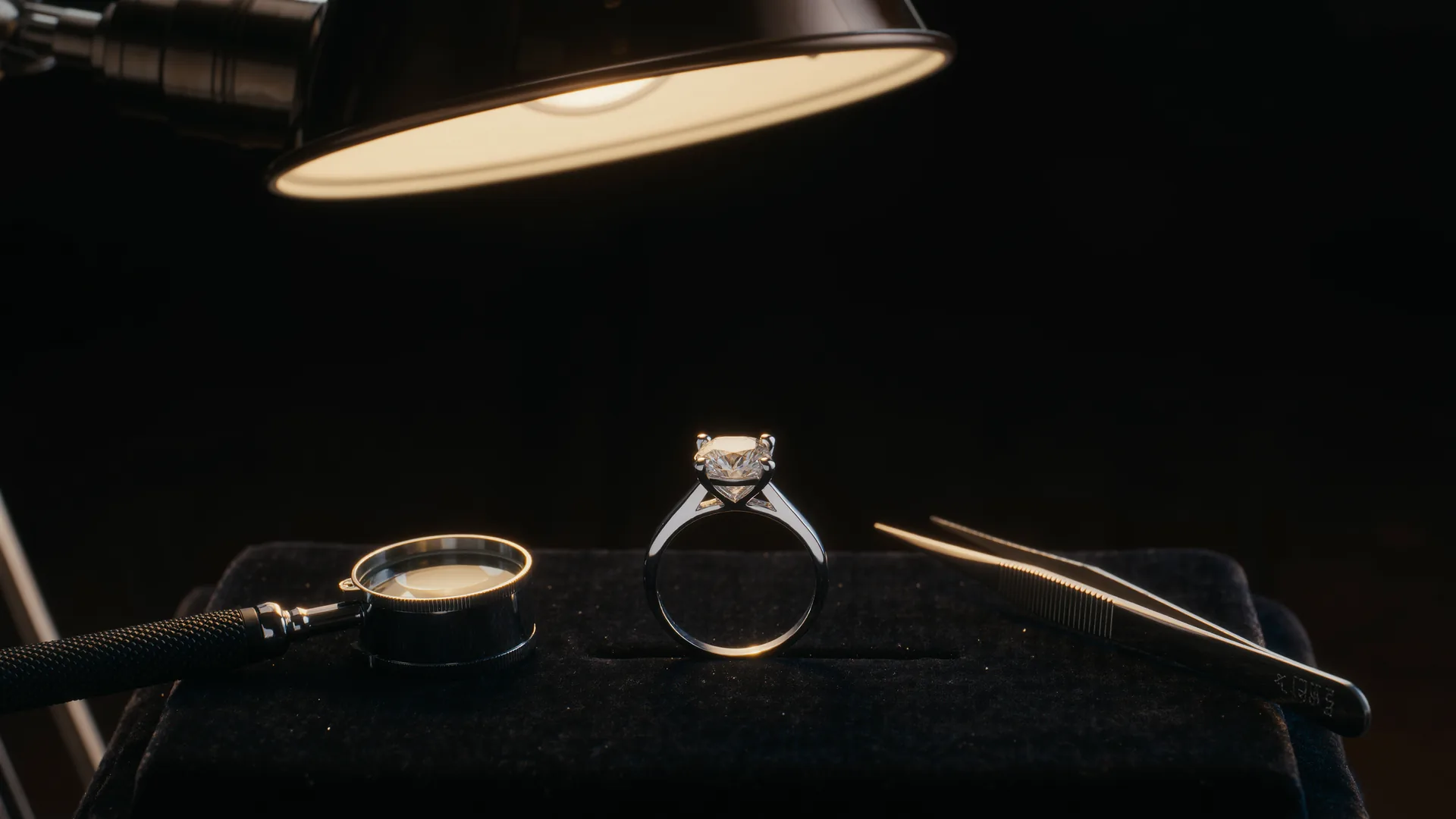 Anillo de diamantes sobre terciopelo negro bajo la lámpara del joyero, con lupa y pinzas