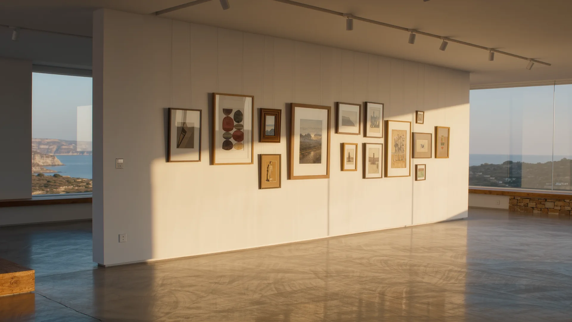 Sala de galería blanca con obras enmarcadas y suelo de hormigón pulido