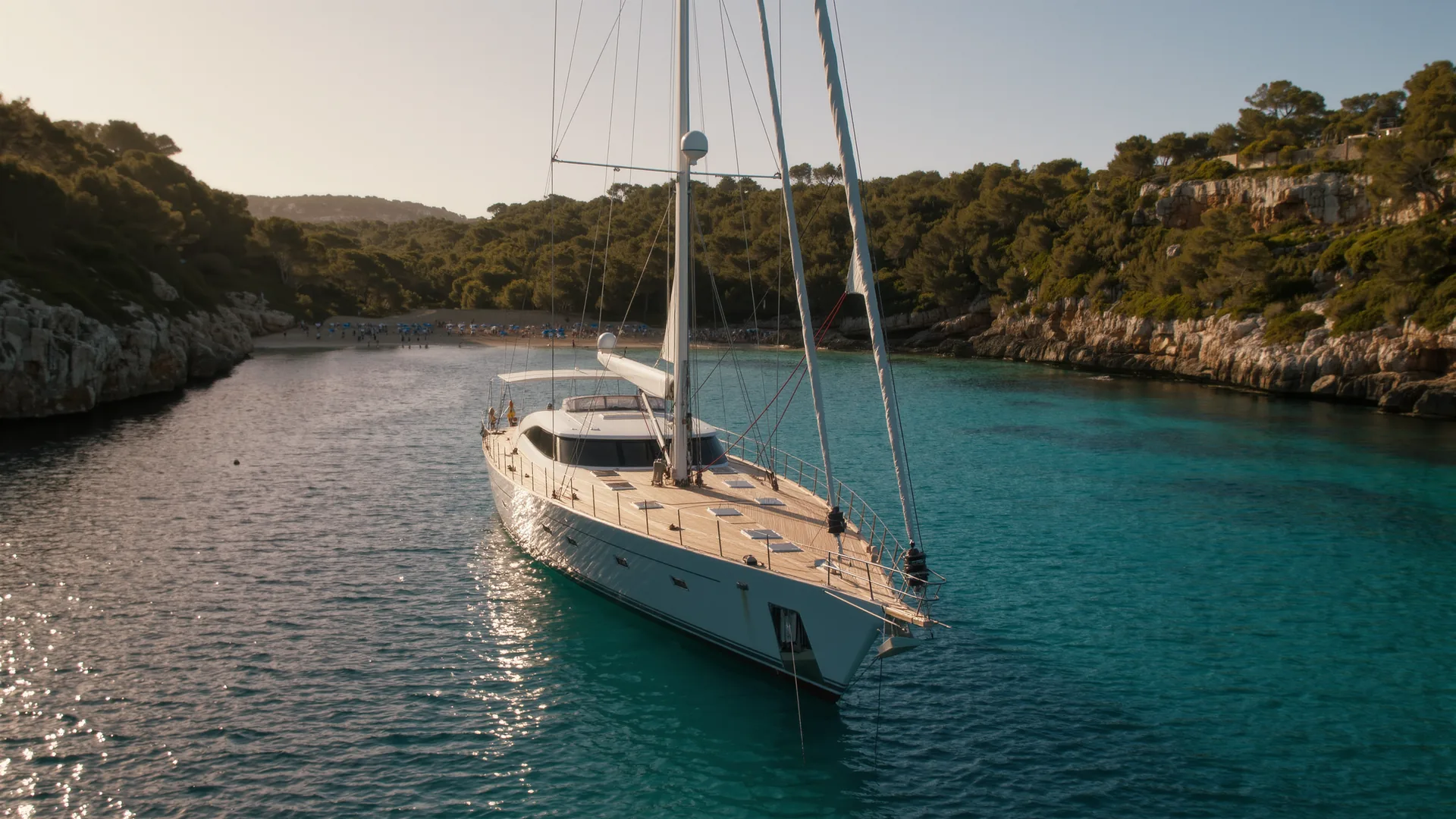 Velero fondeado en una cala turquesa de Mallorca al atardecer