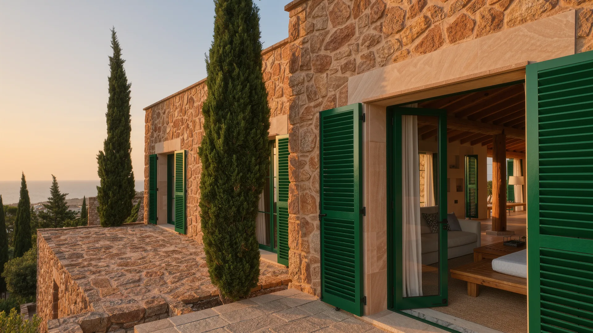 Finca mallorquina de piedra dorada con contraventanas verdes y cipreses al atardecer