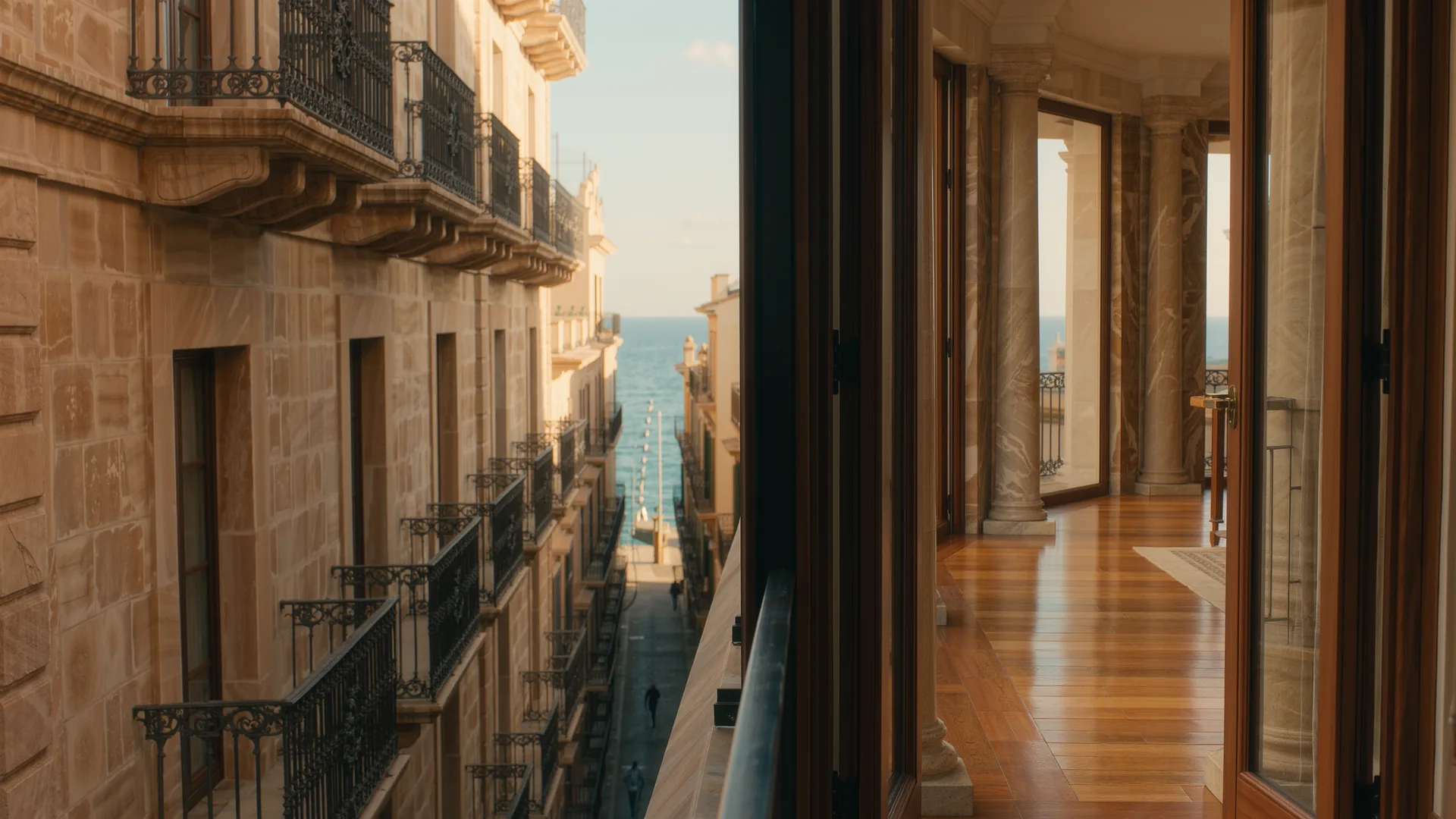 Calle del casco antiguo de Palma con fachadas de arenisca y balcones de forja