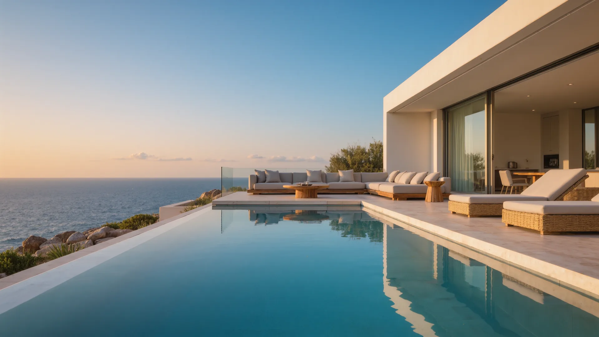 Terraza de villa moderna con piscina infinita sobre el Mediterráneo al anochecer