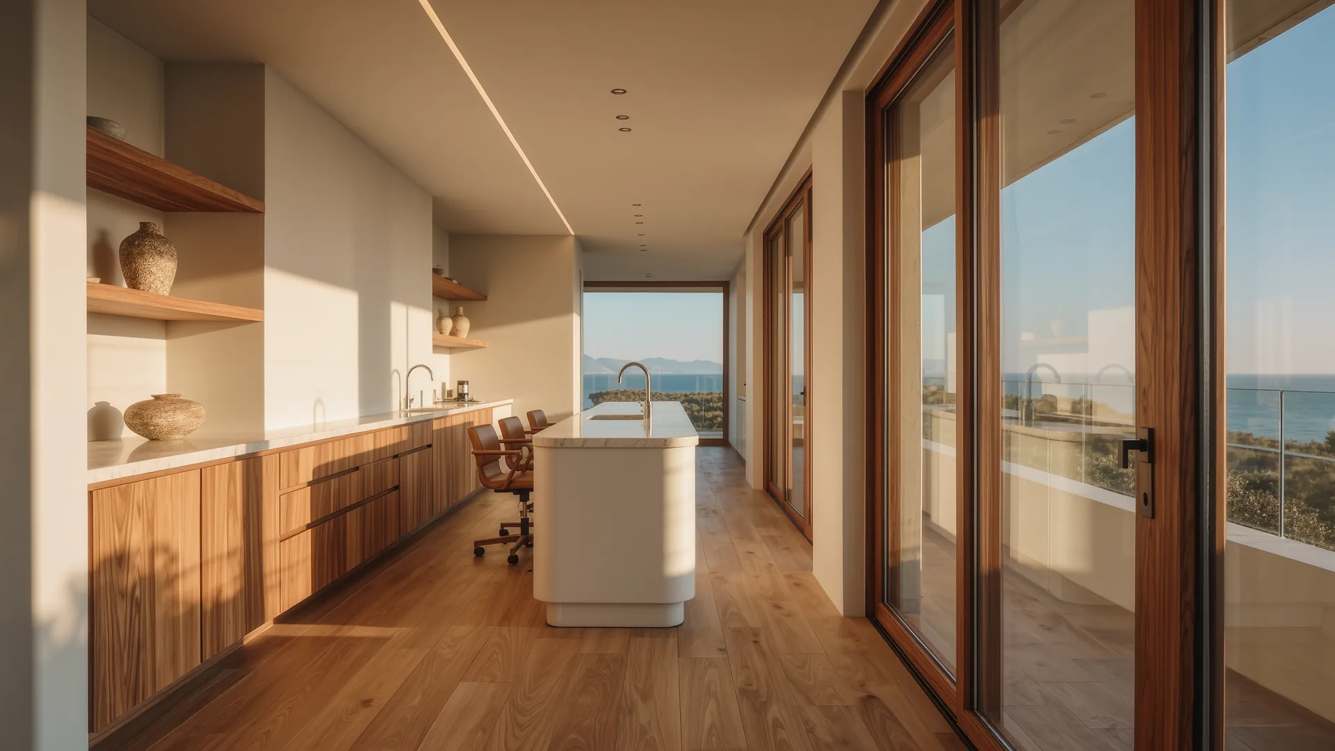Interior de clínica dental moderna en blanco y madera con superficies impecables