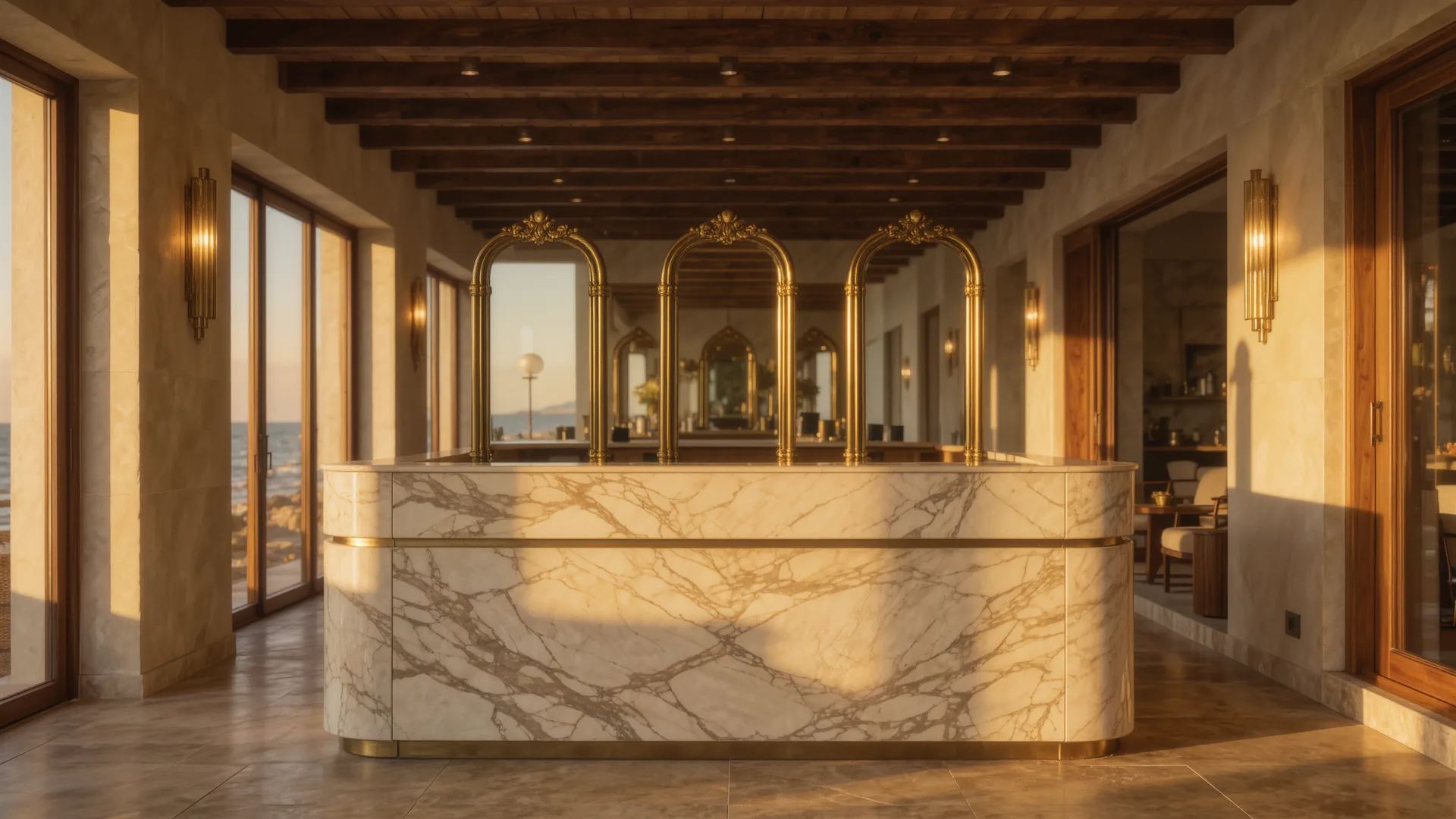 Interior elegante de peluquería con espejos de latón y encimera de mármol