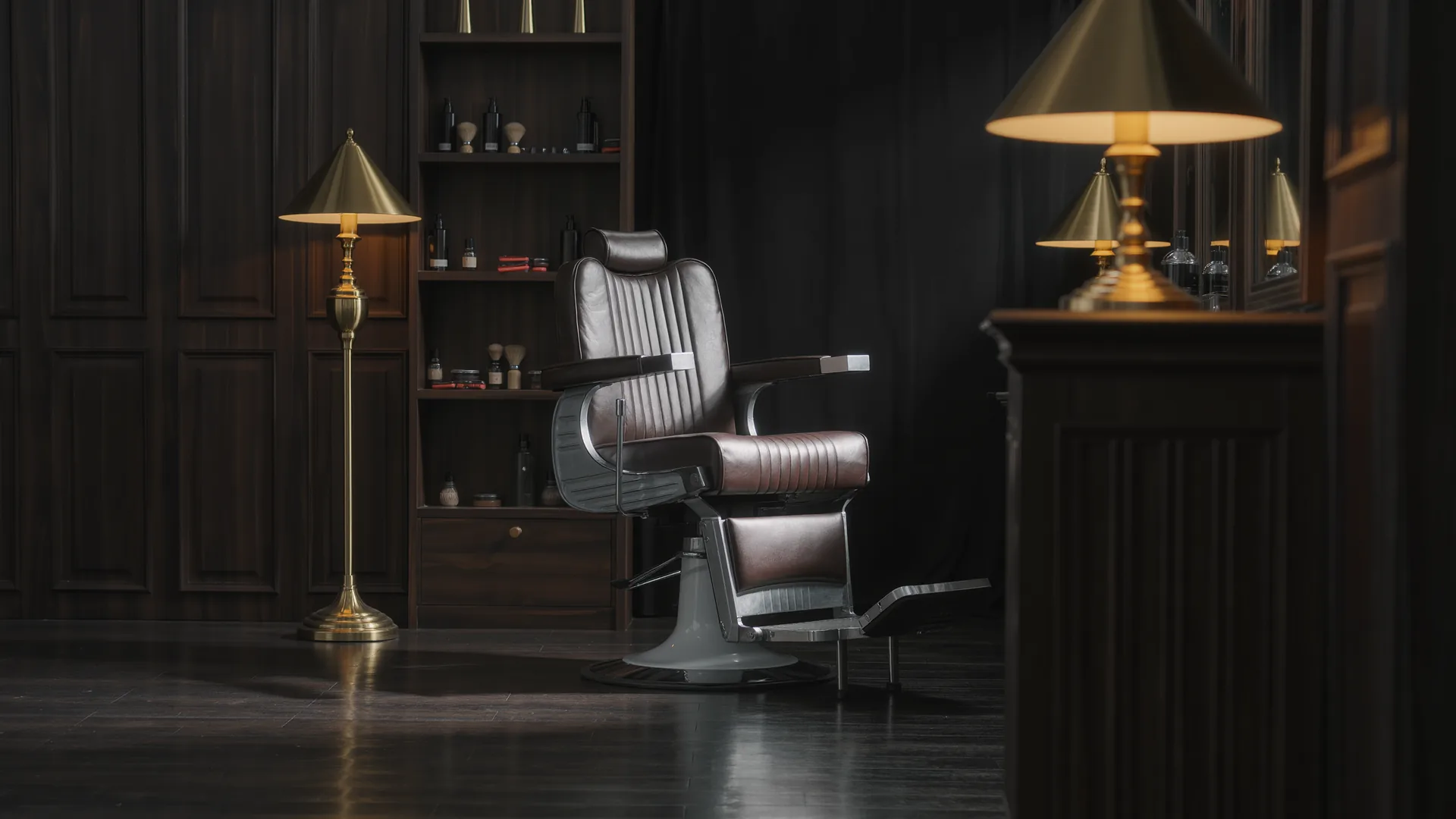 Interior clásico de barbería en madera oscura y latón con sillón de cuero