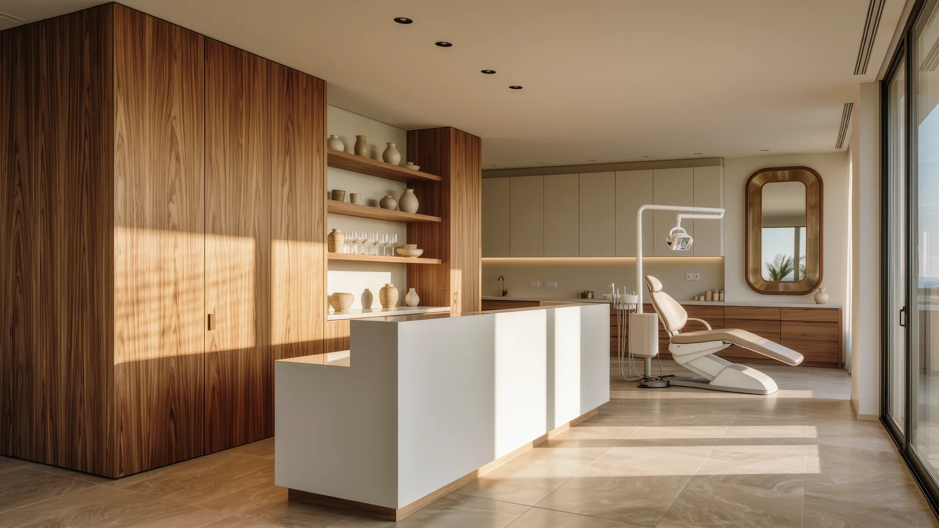 Interior de clínica dental moderna en blanco y madera con superficies impecables