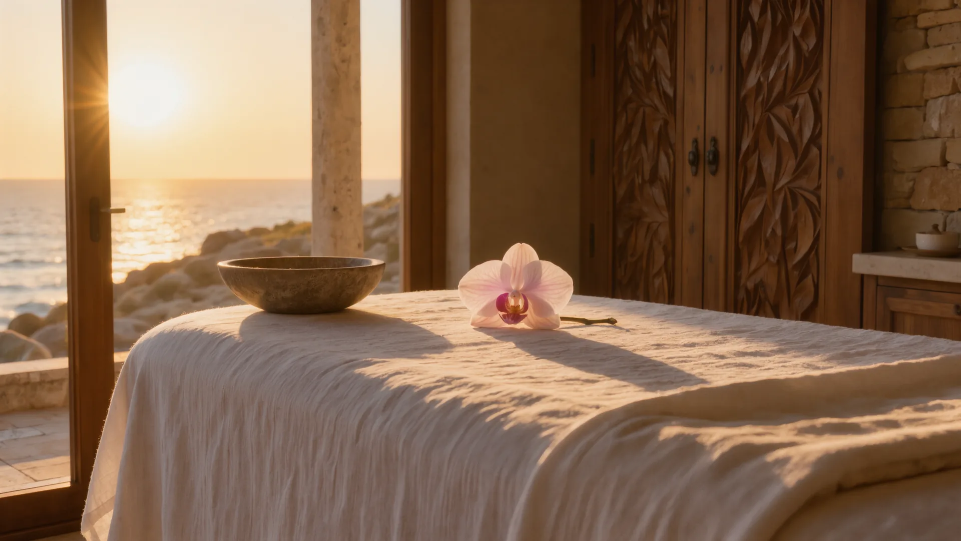 Cabina de tratamiento serena con lino blanco, cuenco de piedra y una orquídea