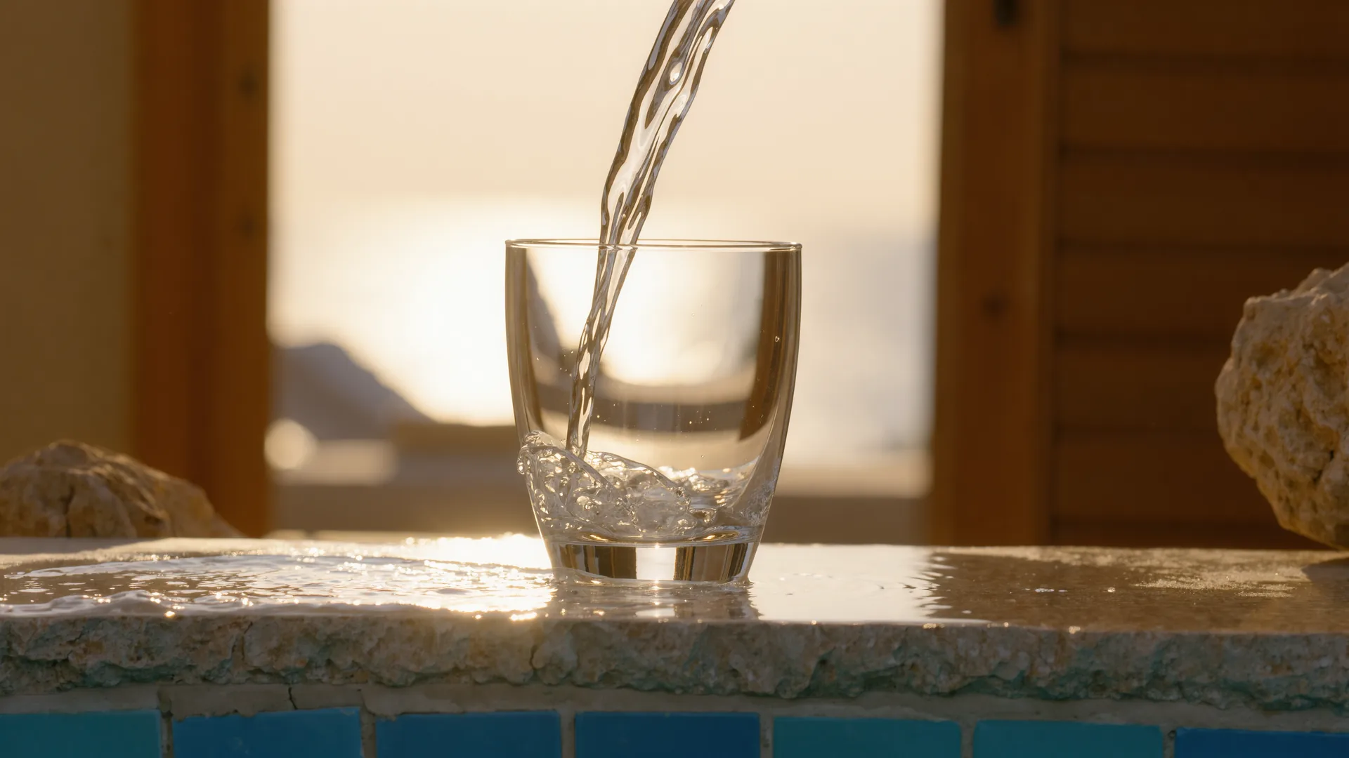 Agua clara cayendo en un vaso sobre una superficie de piedra a contraluz