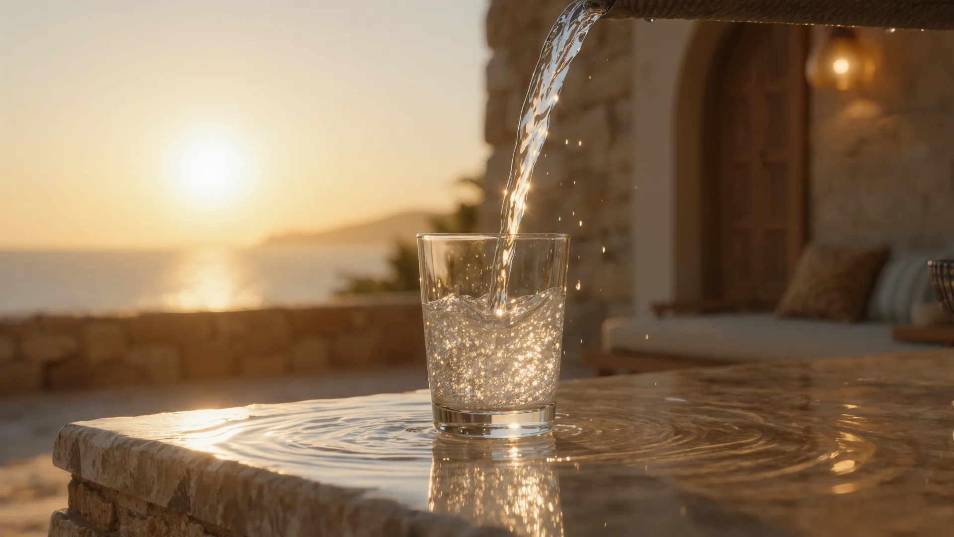 Agua clara cayendo en un vaso sobre una superficie de piedra a contraluz