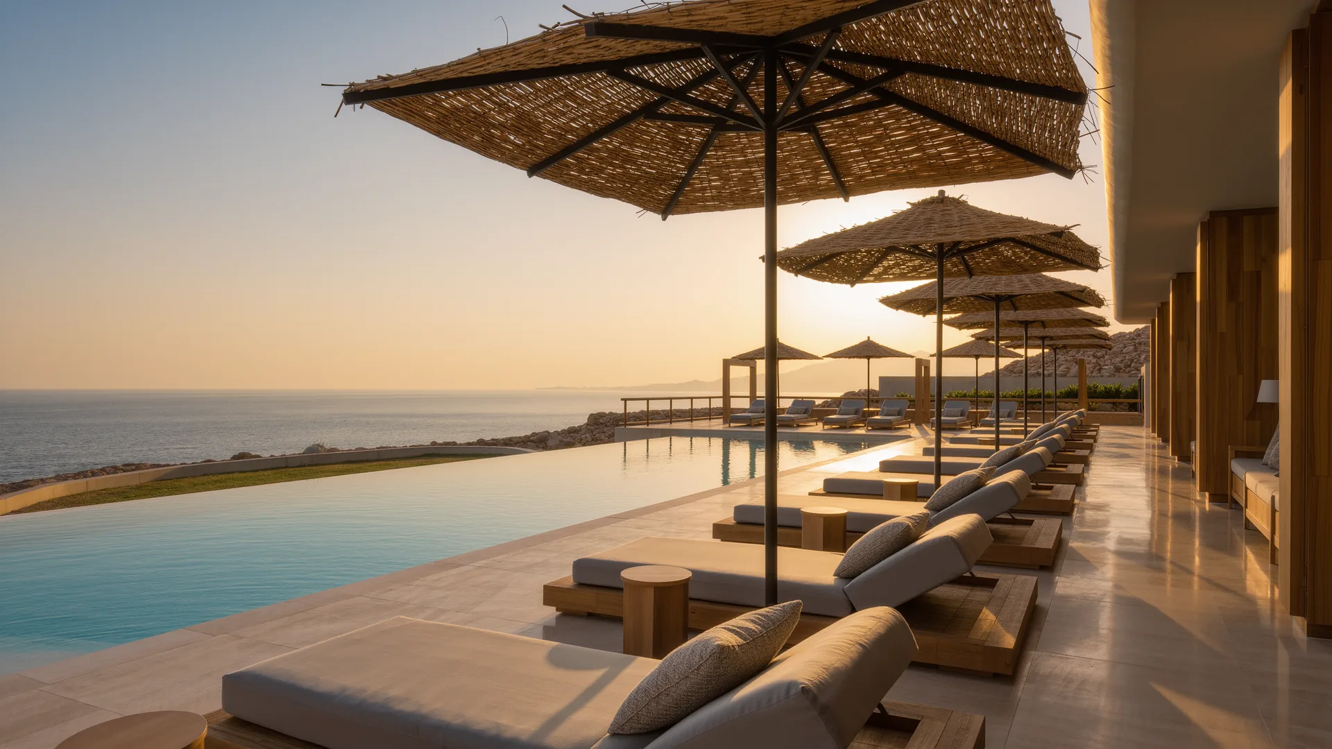 Terraza de piscina de resort con sombrillas frente al mar al atardecer