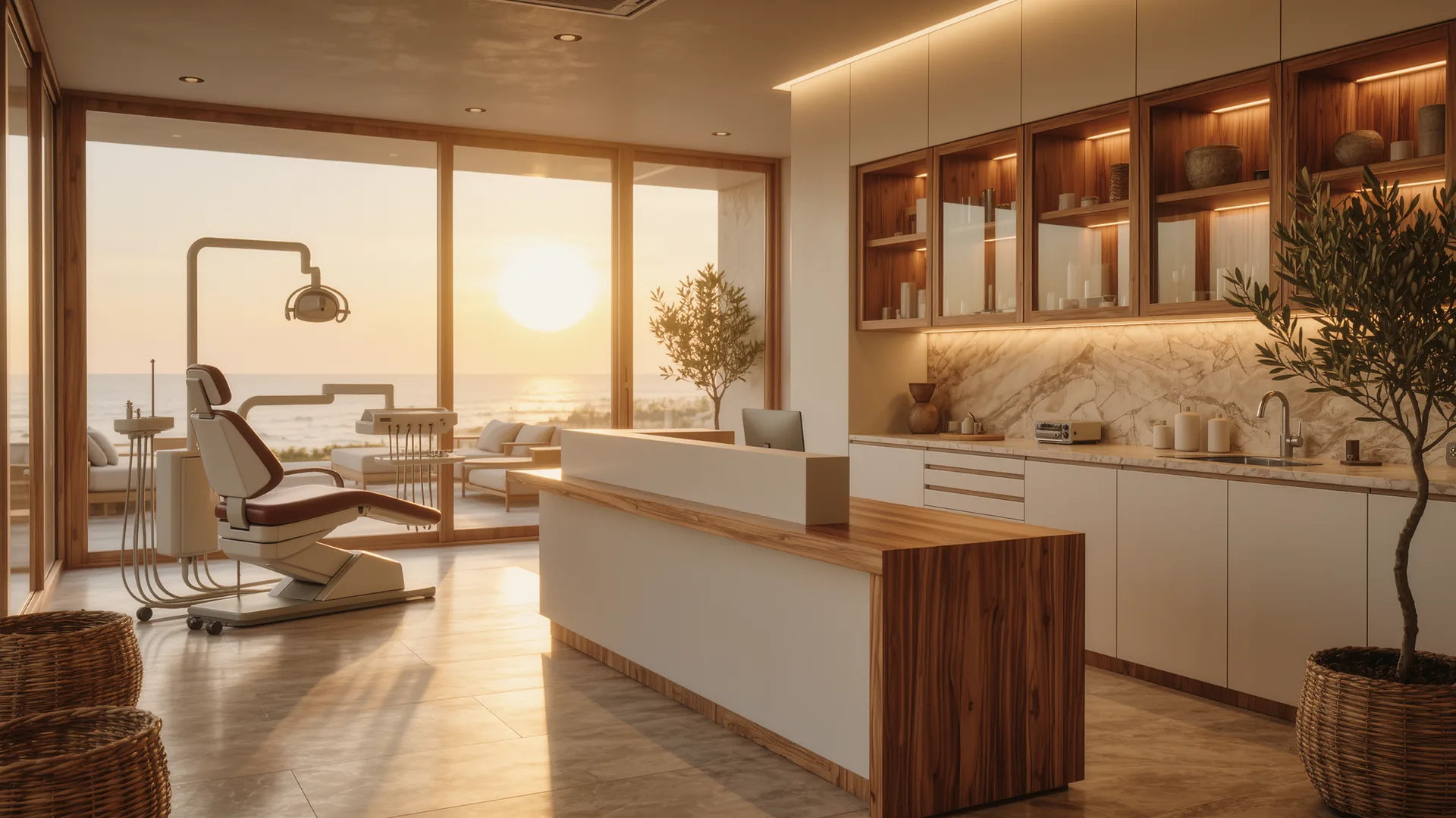 Interior de clínica dental moderna en blanco y madera con superficies impecables
