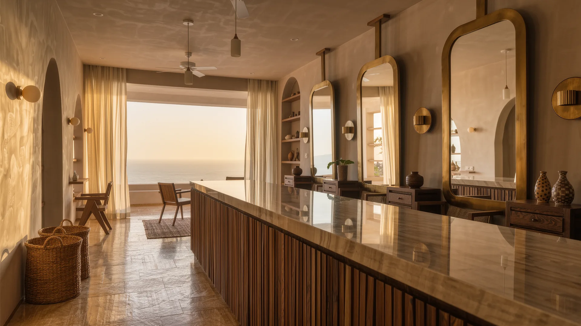 Interior elegante de peluquería con espejos de latón y encimera de mármol