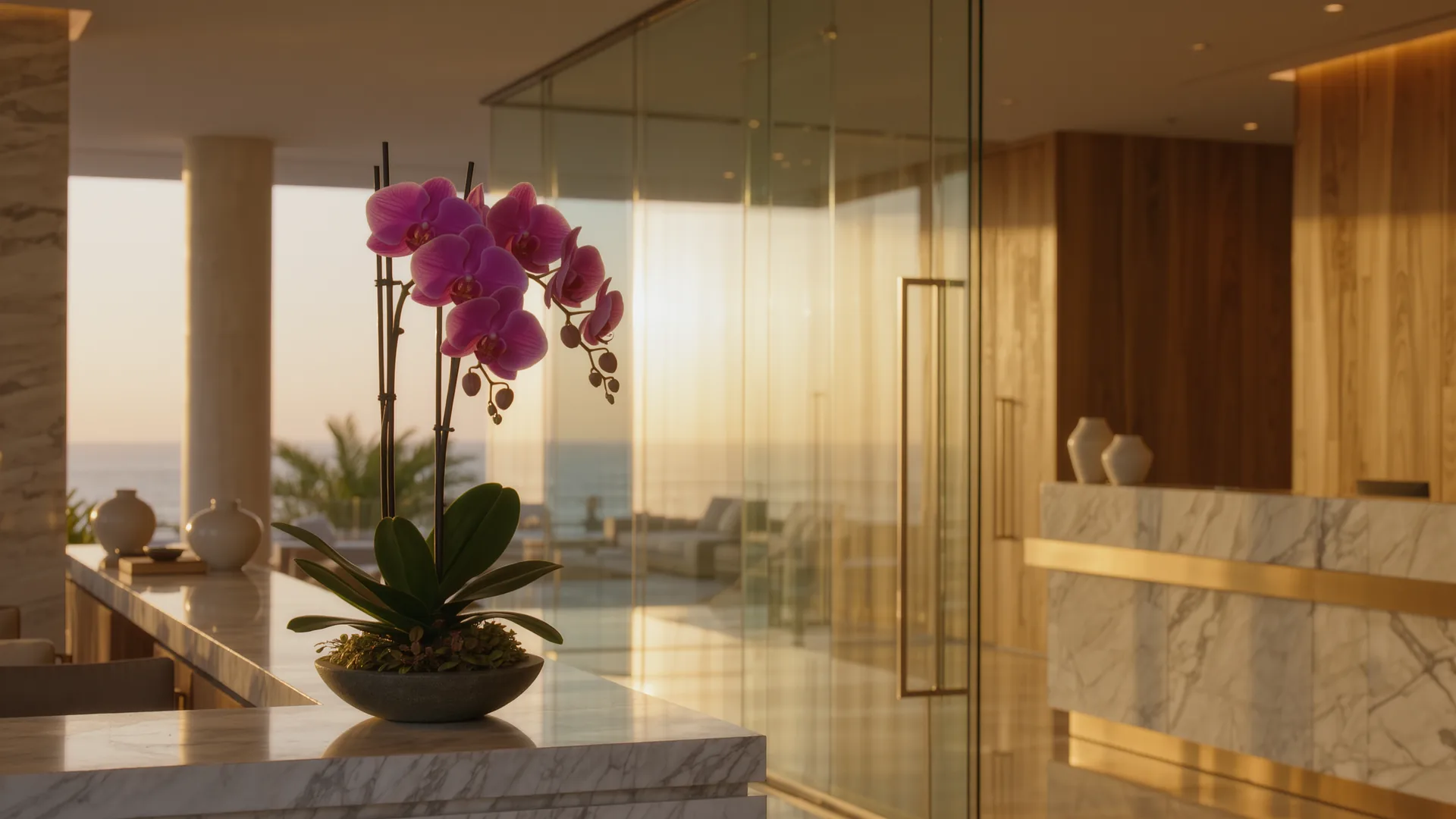 Recepción de clínica con orquídea y pared de cristal en tono claro