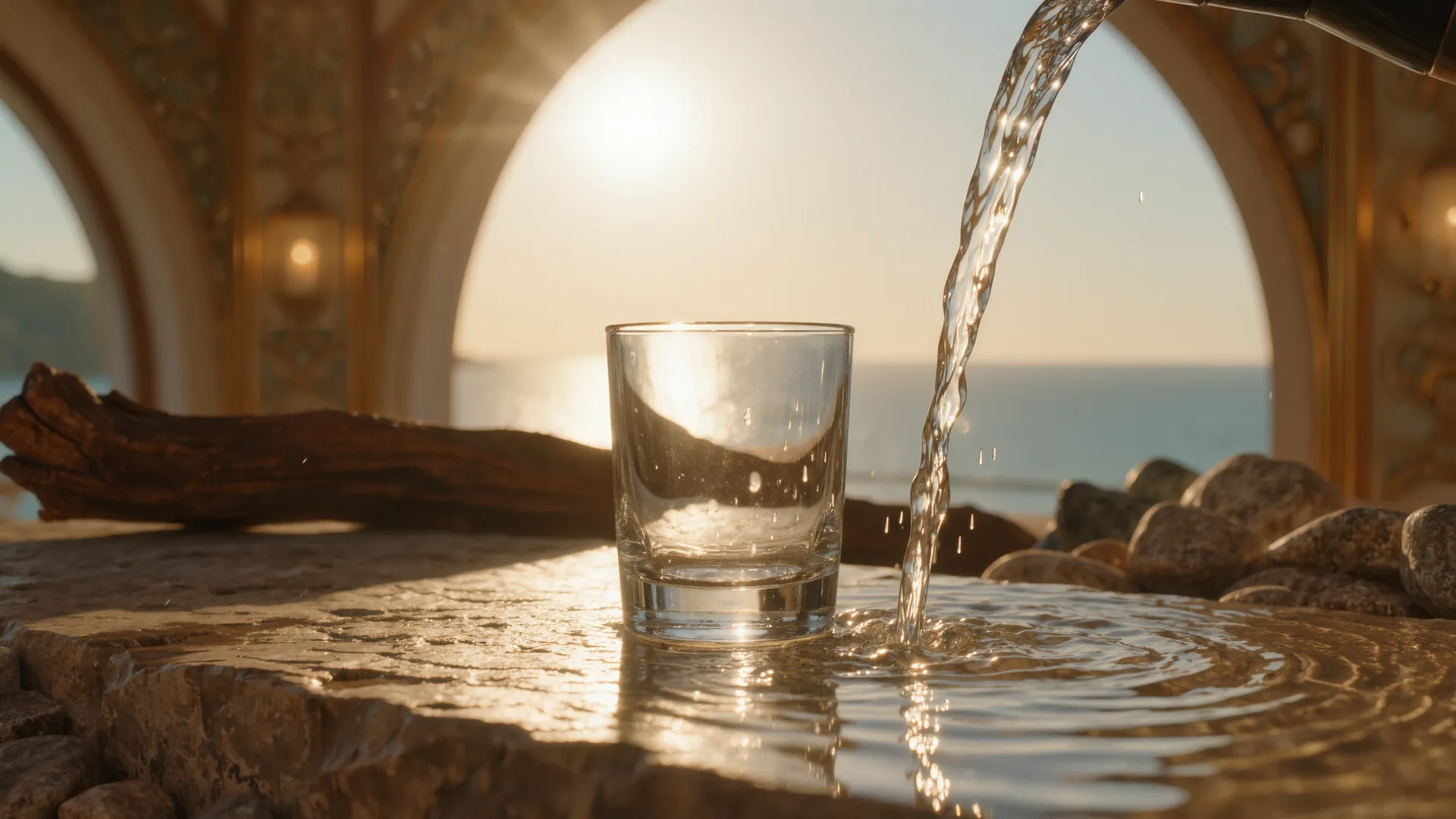 Agua clara cayendo en un vaso sobre una superficie de piedra a contraluz