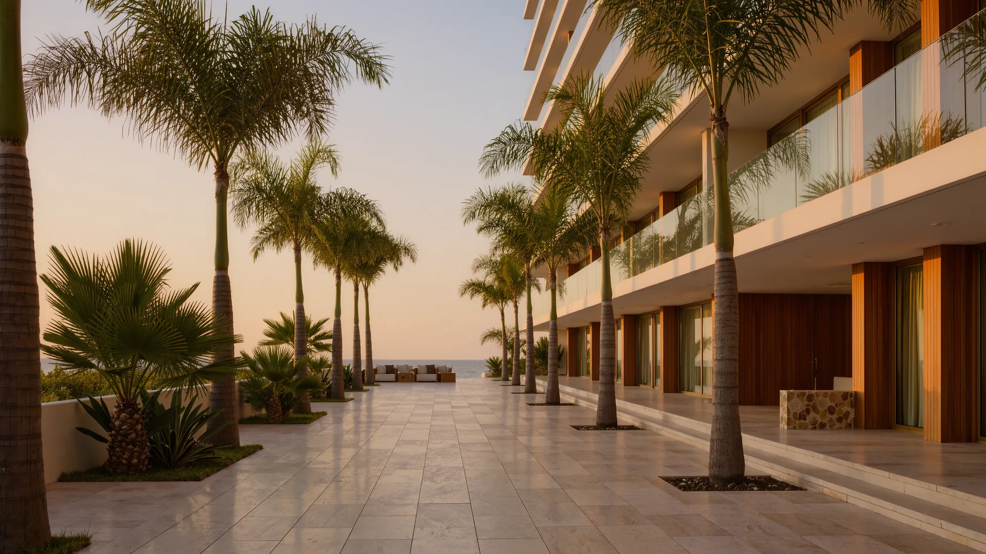 Patio de un edificio de apartamentos con palmeras y solado limpio a primera hora
