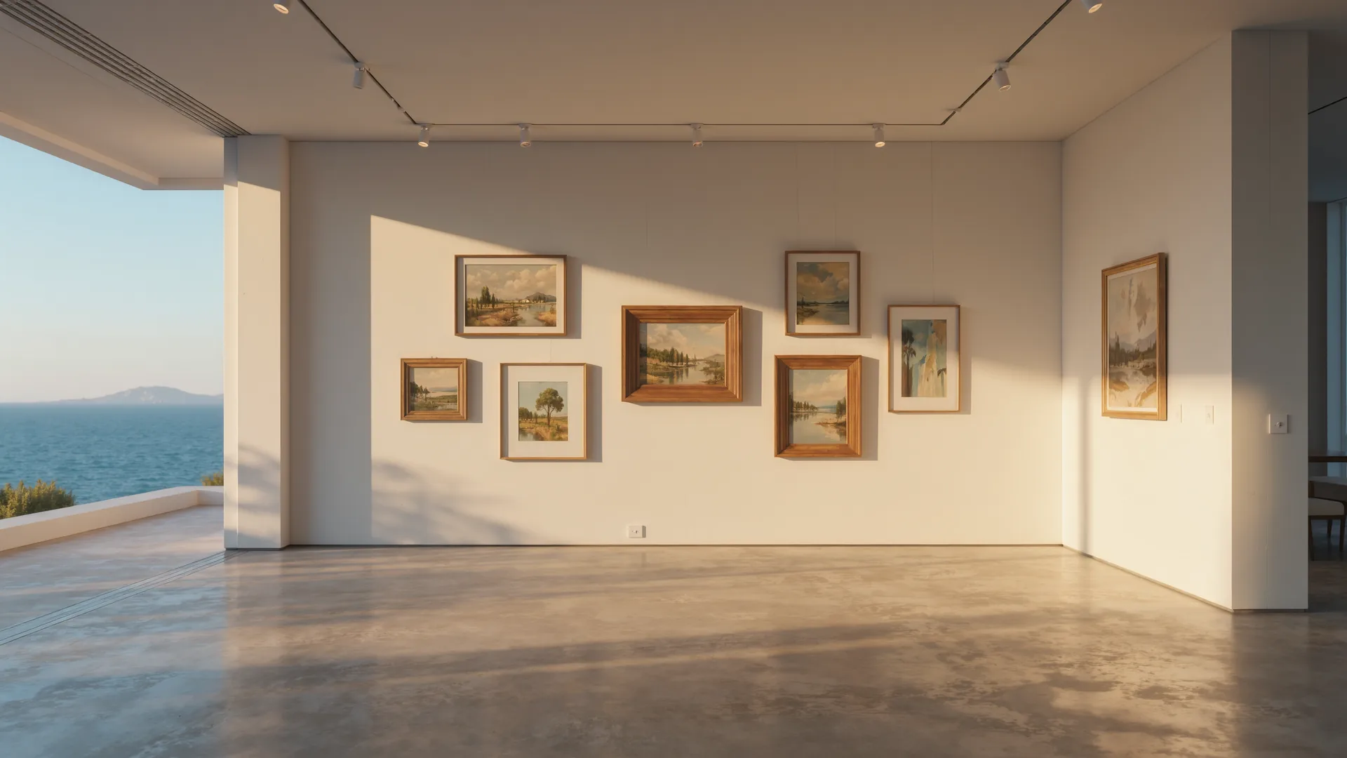 Sala de galería blanca con obras enmarcadas y suelo de hormigón pulido