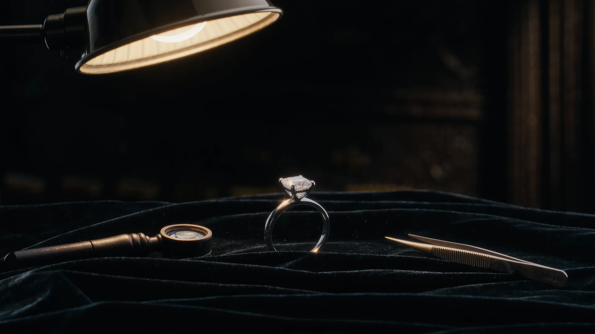Anillo de diamantes sobre terciopelo negro bajo la lámpara del joyero, con lupa y pinzas