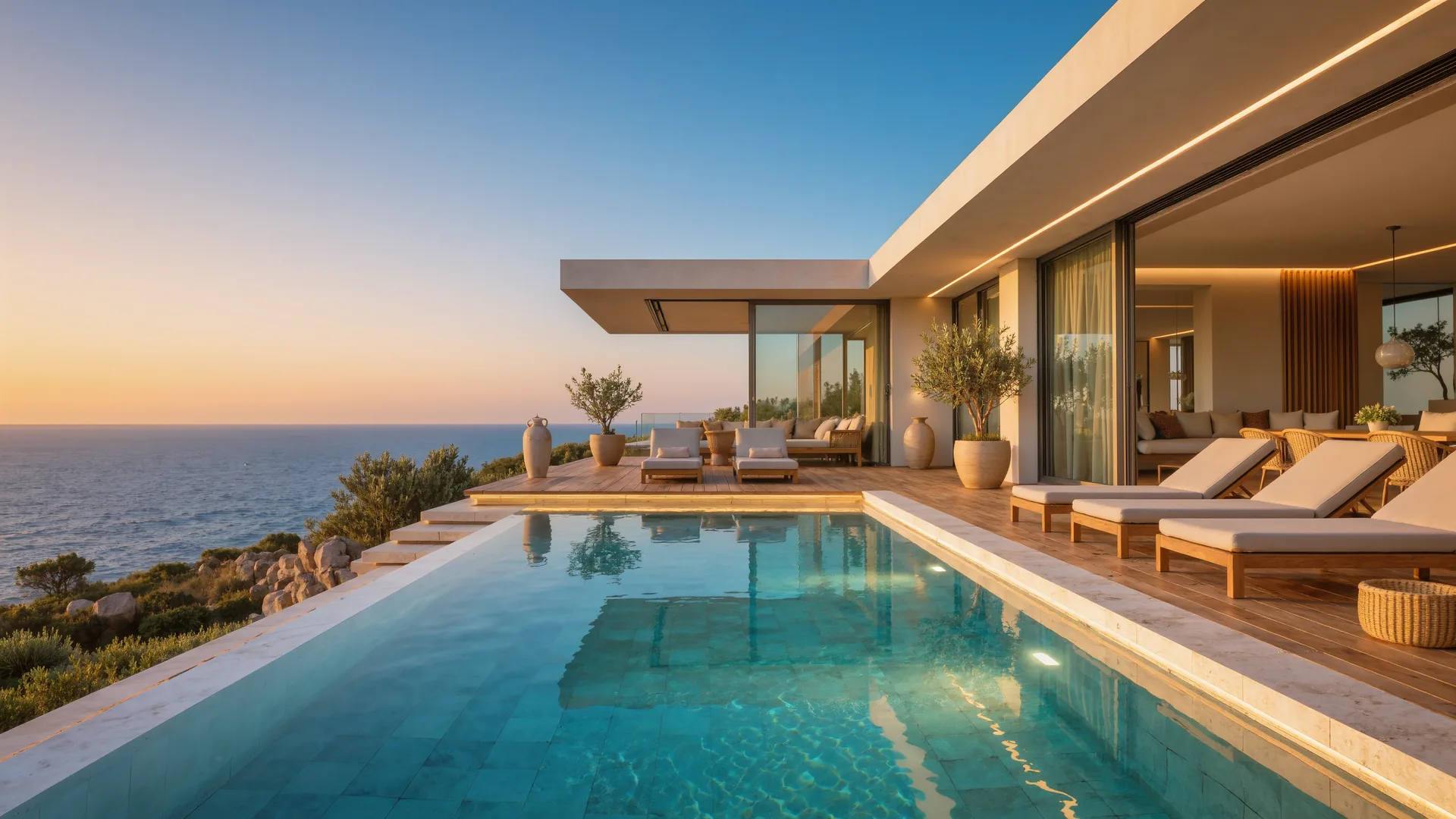 Terraza de villa moderna con piscina infinita sobre el Mediterráneo al anochecer
