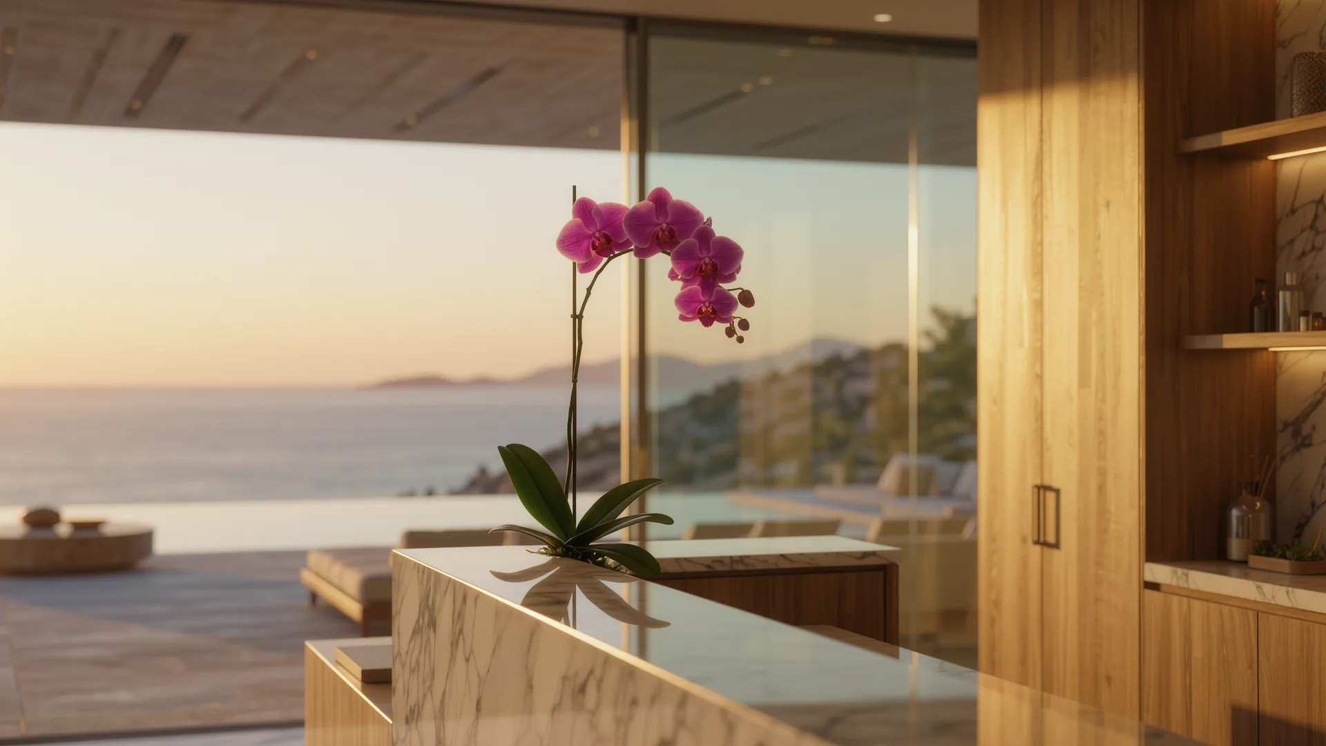 Recepción de clínica con orquídea y pared de cristal en tono claro