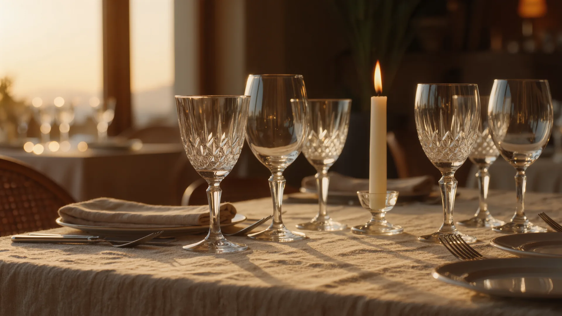 Mesa vestida con mantelería, cristalería y luz de vela, con el comedor desenfocado detrás