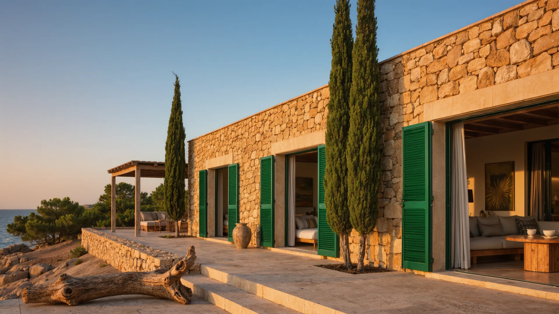 Finca mallorquina de piedra dorada con contraventanas verdes y cipreses al atardecer