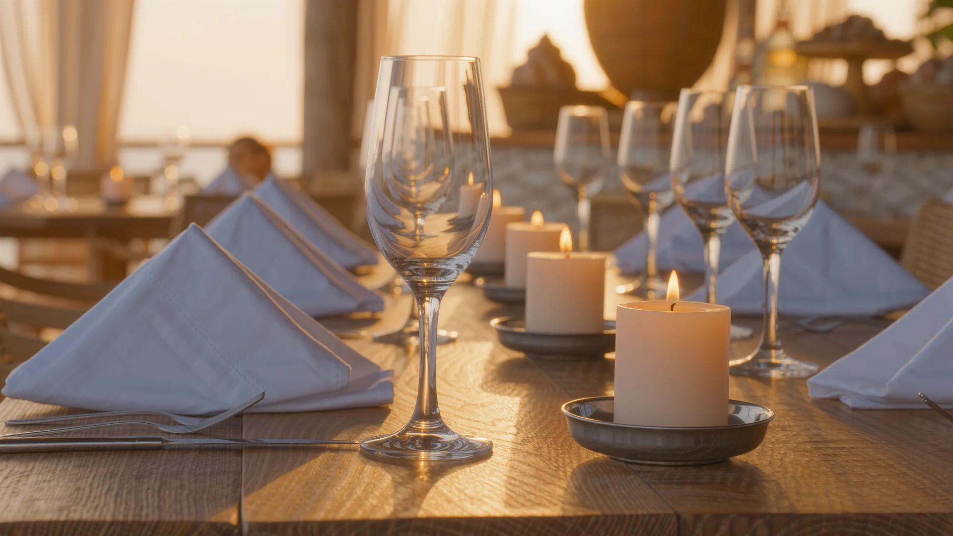 Mesa vestida con mantelería, cristalería y luz de vela, con el comedor desenfocado detrás