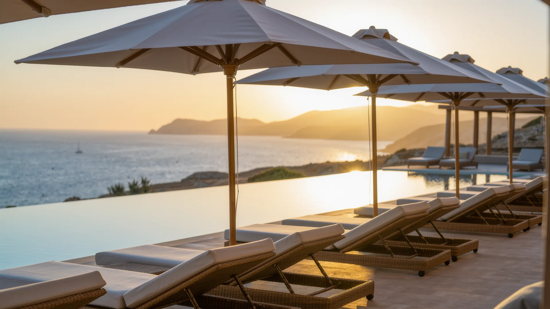 Terraza de piscina de resort con sombrillas frente al mar al atardecer