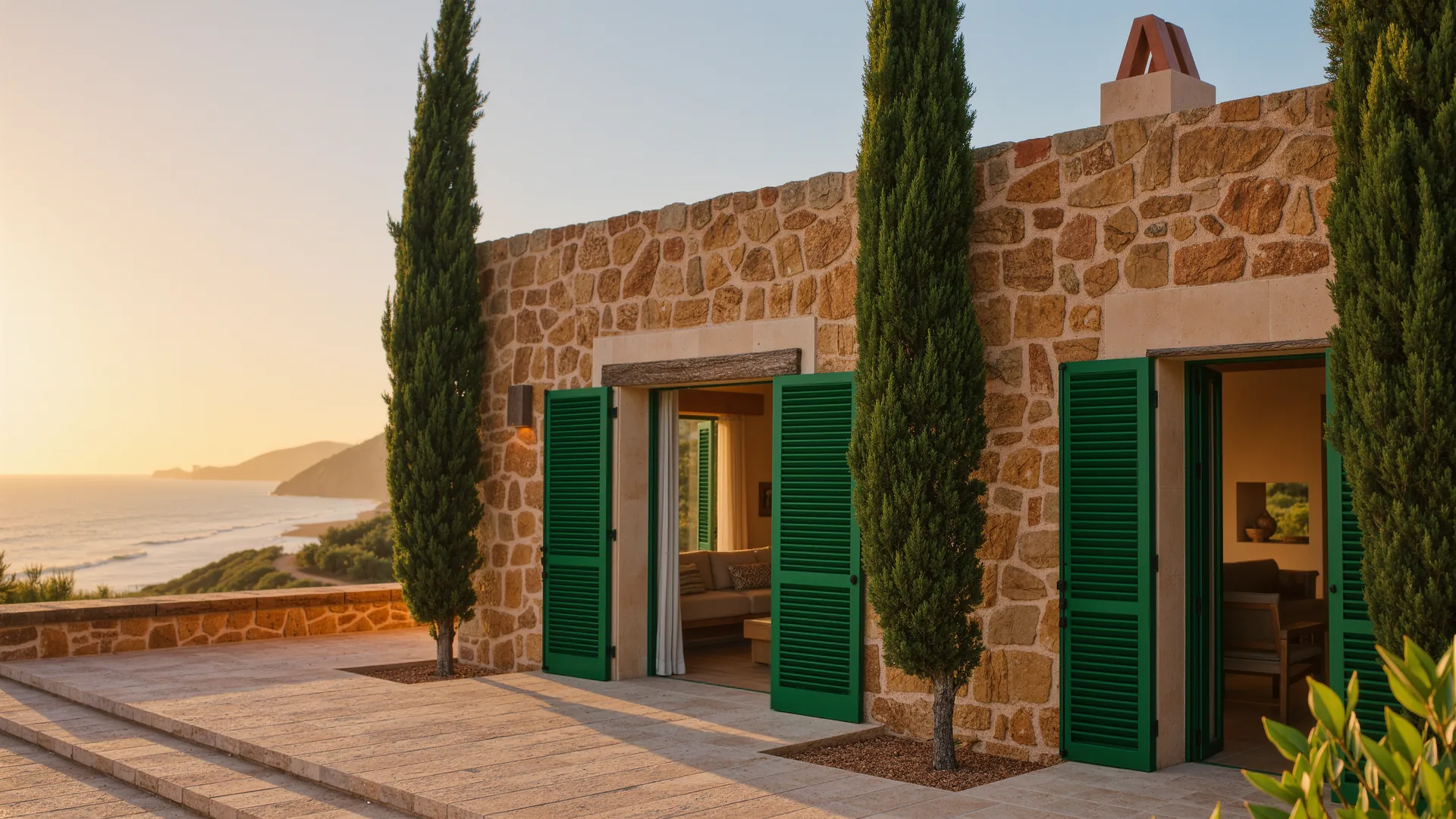 Finca mallorquina de piedra dorada con contraventanas verdes y cipreses al atardecer