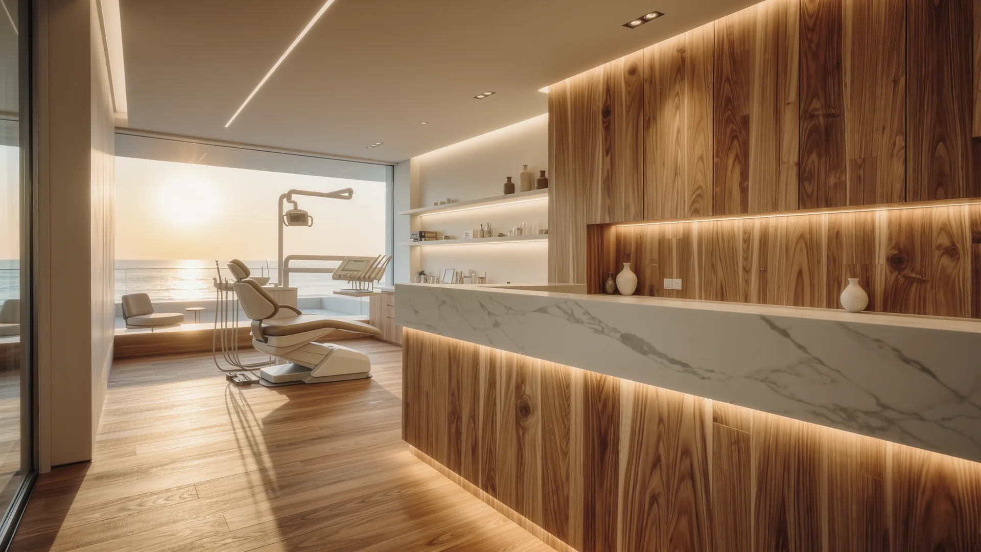 Interior de clínica dental moderna en blanco y madera con superficies impecables