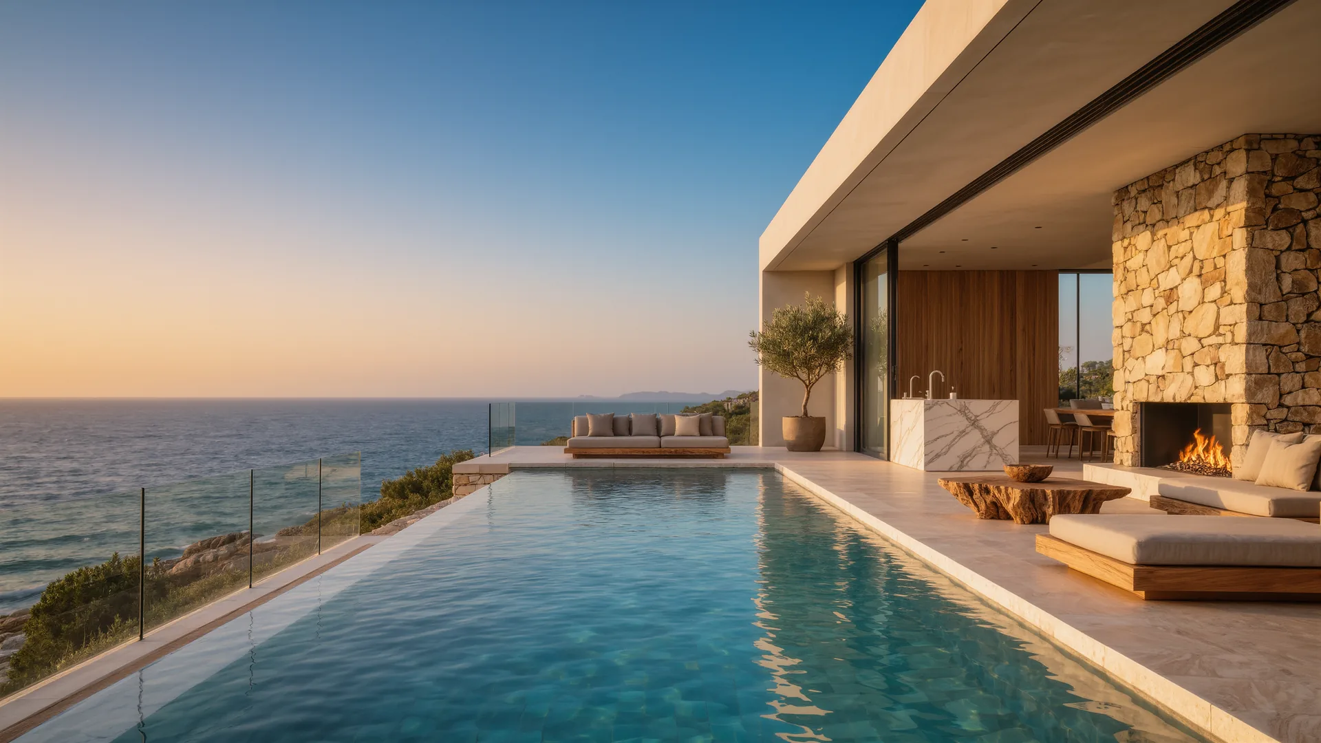 Terraza de villa moderna con piscina infinita sobre el Mediterráneo al anochecer